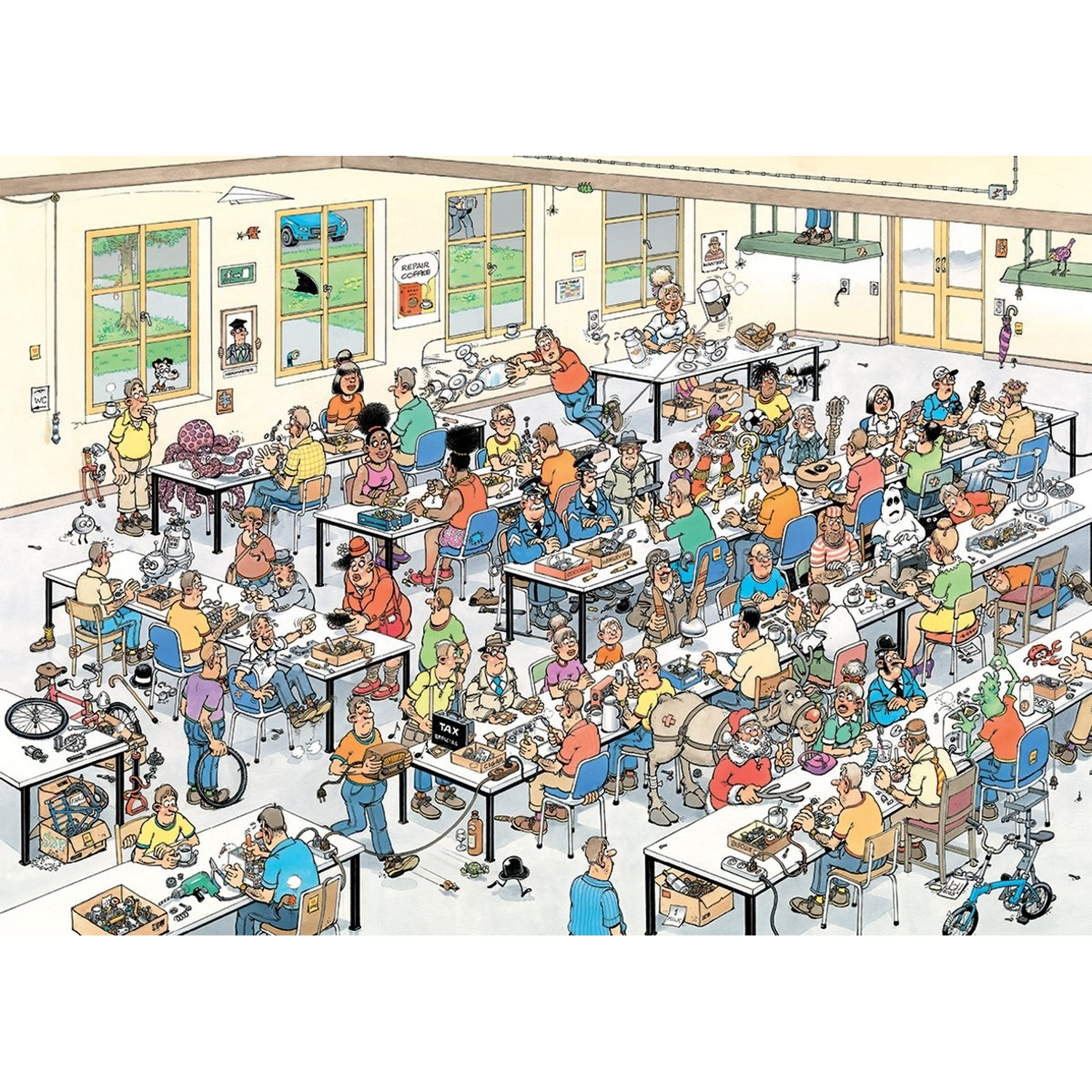 Detailed cartoon illustration of a busy workshop filled with many people working.