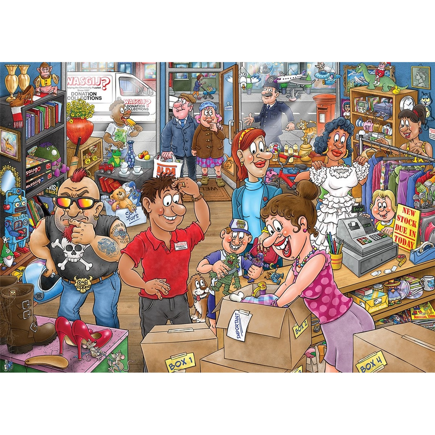 Cartoon of people in a secondhand shop with boxes and shelves full of items.