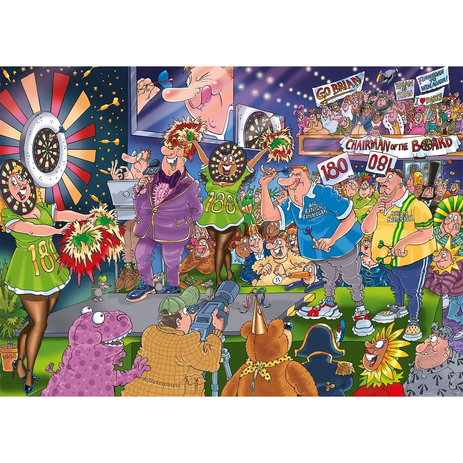 Colorful darts tournament with cheering crowds, players, and a host on a lively stage.