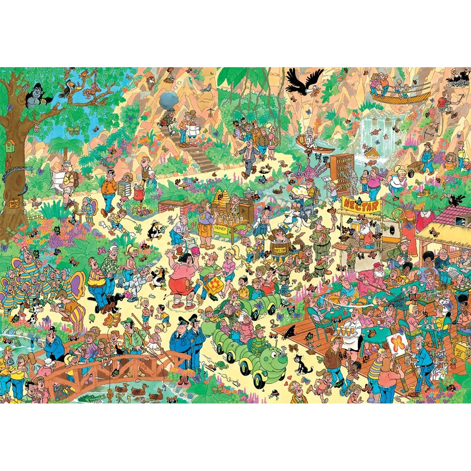 A bustling cartoon jungle scene with many people, animals, a waterfall, and a bridge over a river.