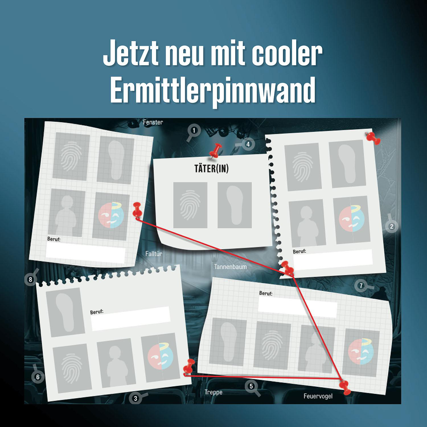 Eine Ermittlerpinnwand mit Fotos, Fingerabdrücken und roten Stecknadeln, die Spuren verbinden.
