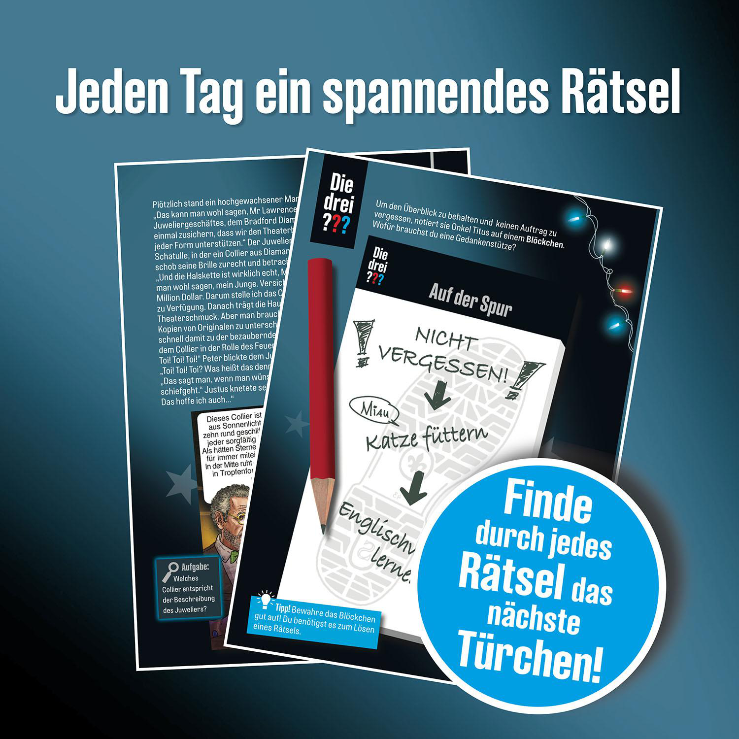 Werbebild für einen Rätseladventskalender mit Texten, einem Notizblock und einem roten Stift.