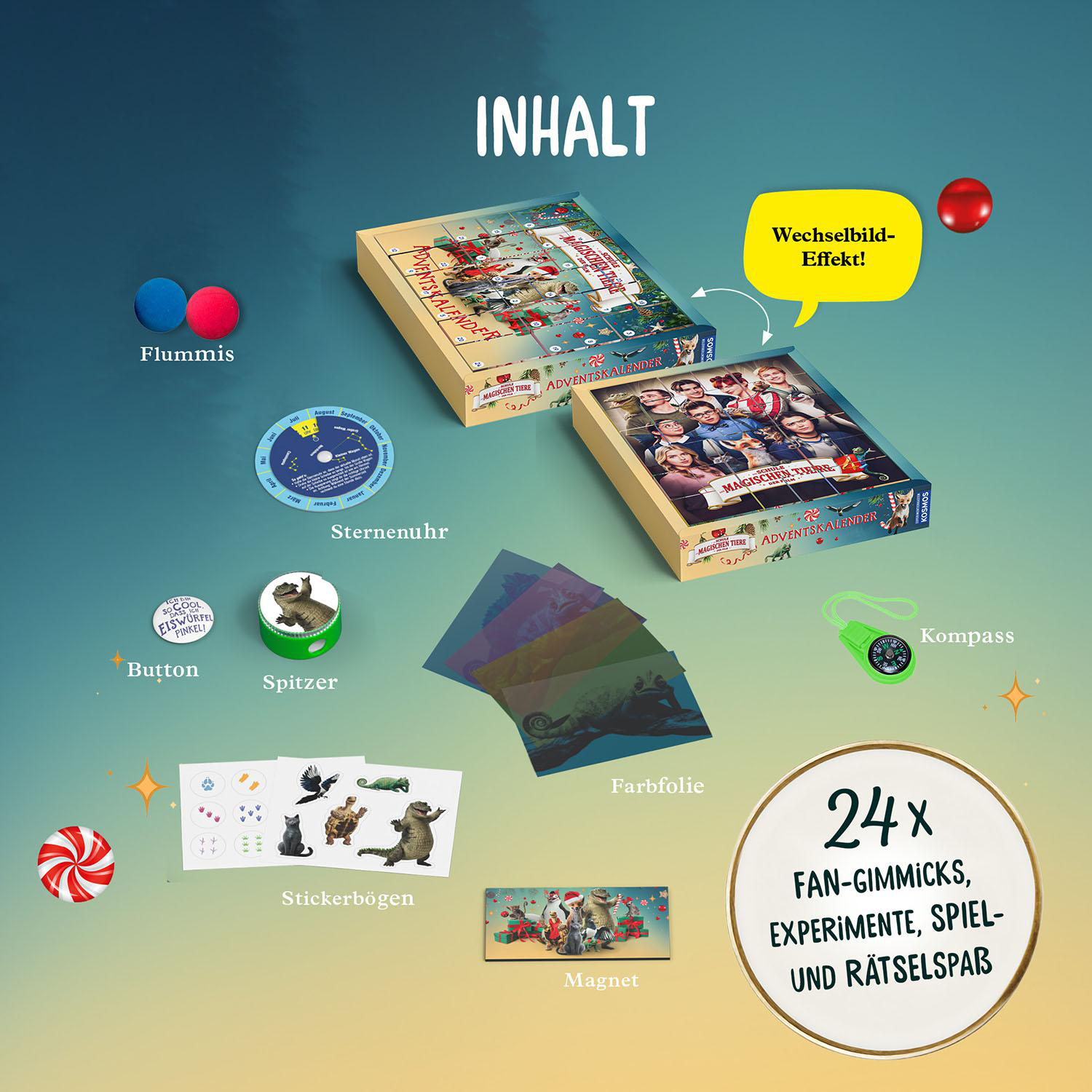 Ein Adventskalender-Set mit Artikeln wie Stickern, Kompass und Farbfolien rund um zwei Boxen.