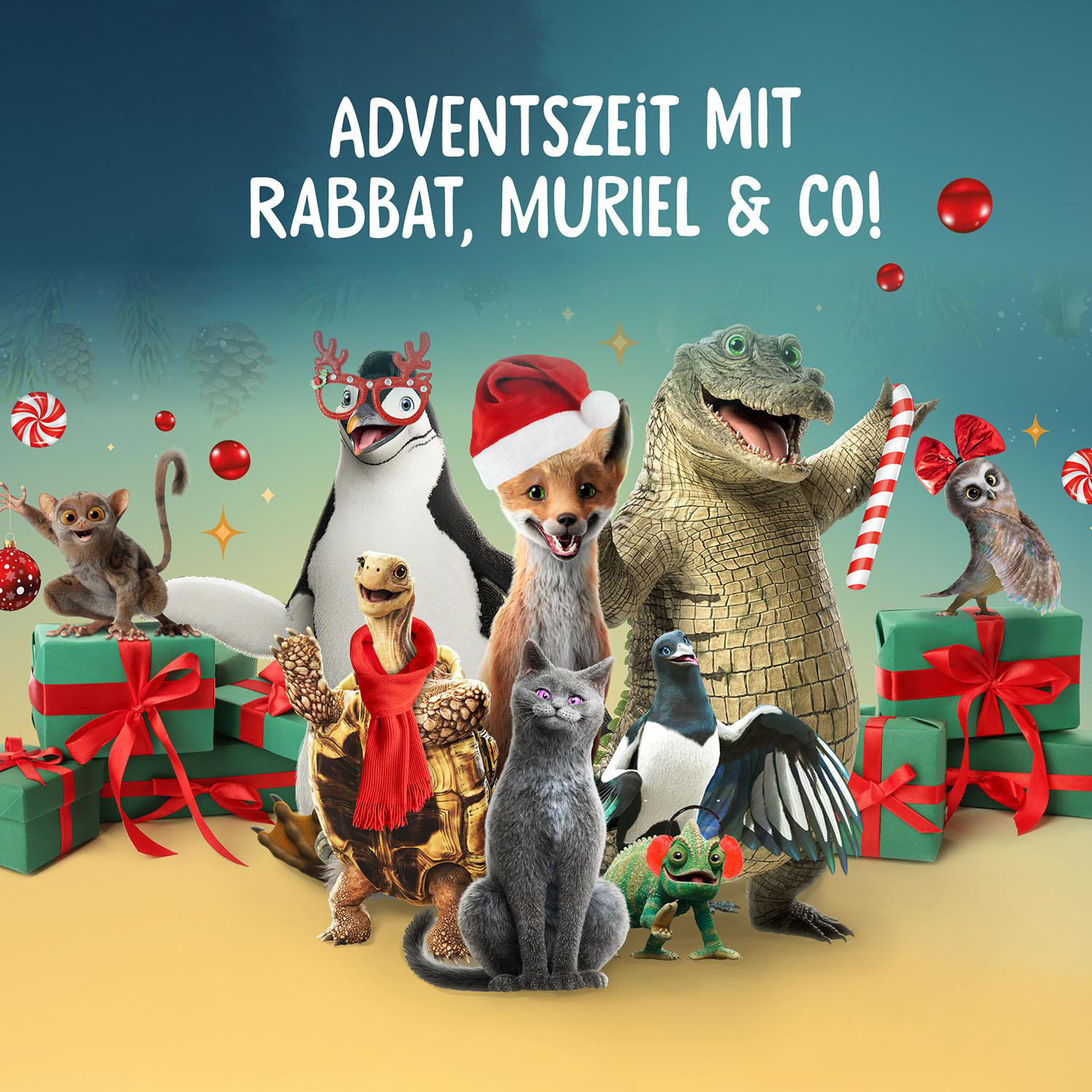 Festliche Tiere mit Geschenken und dem Text Adventszeit mit Rabbat, Muriel & Co!