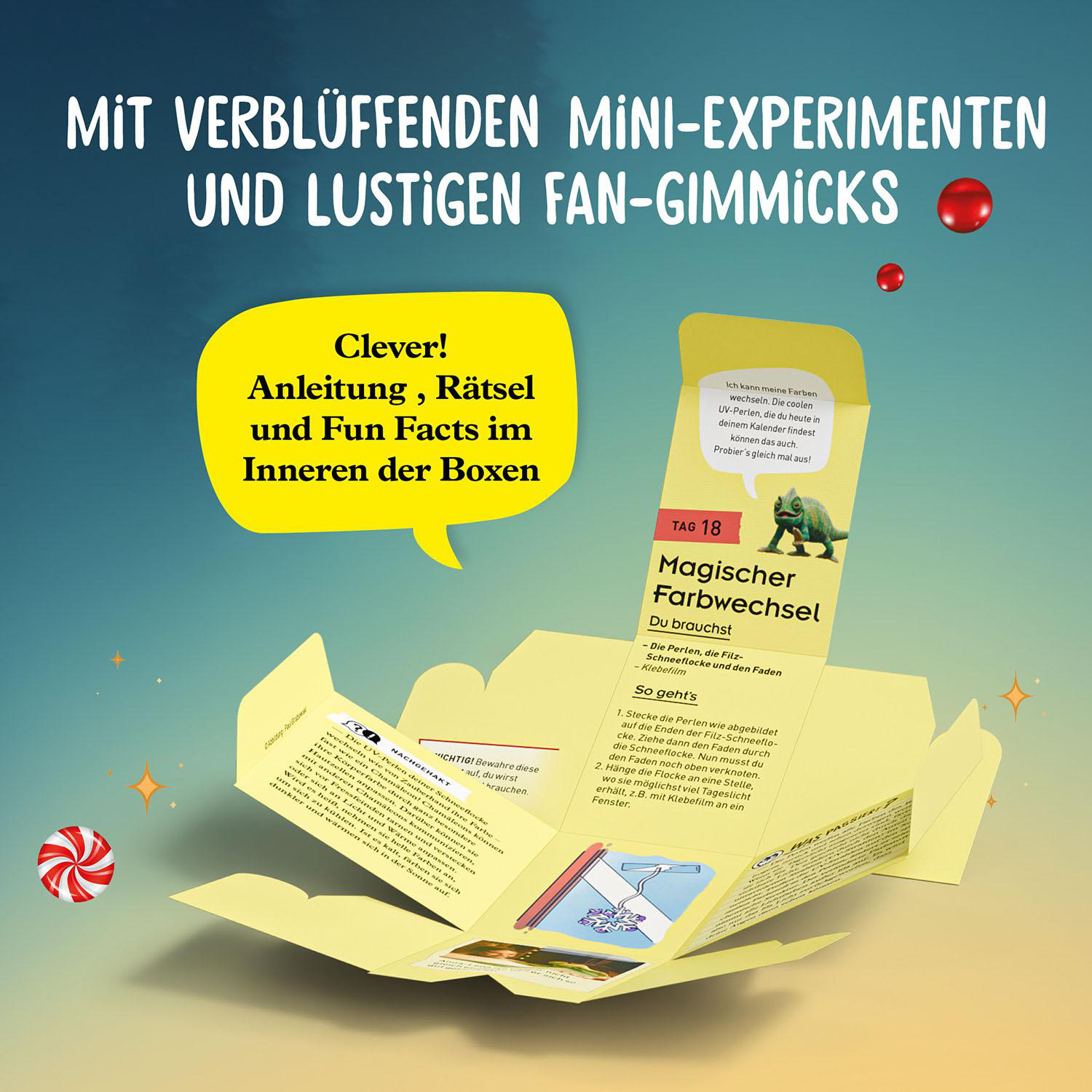 Ein offener Adventskalender mit Anleitungen, Rätseln und dem Experiment "Magischer Farbwechsel".