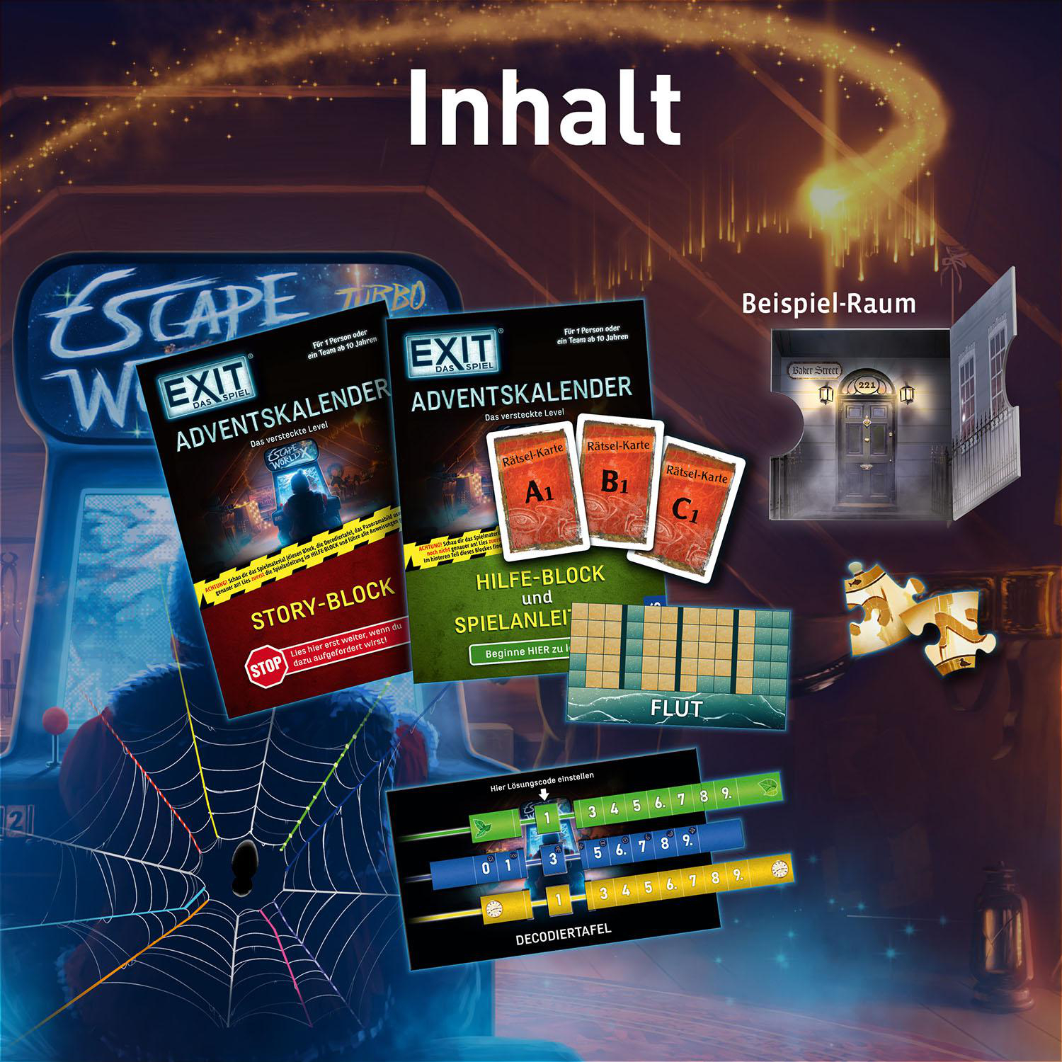 Inhalt des Exit Adventskalenders mit Boxen, Karten, Hilfeblock und Decodiertafel.