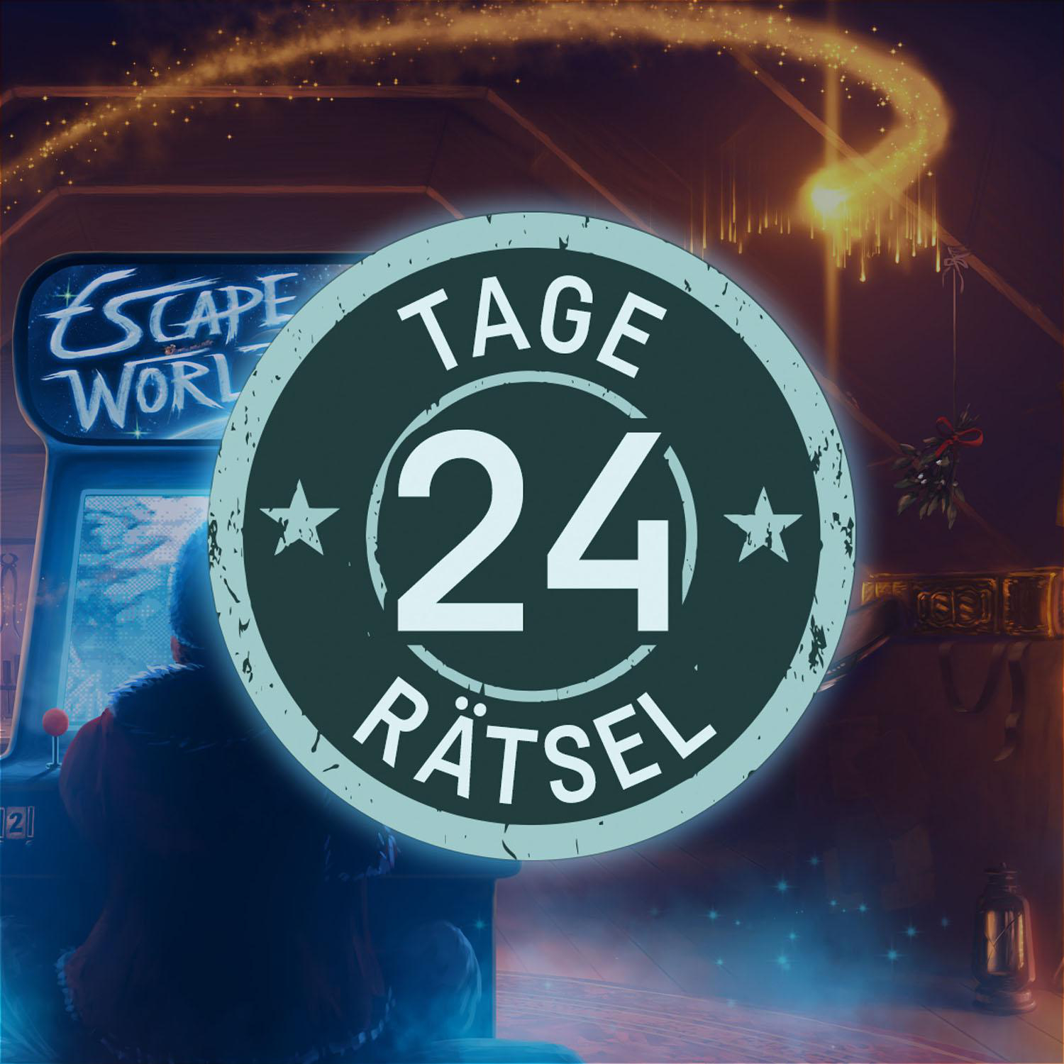 Ein leuchtender Kreis mit 'TAGE 24 RÄTSEL' über einem Arcade-Automaten in einem schwach beleuchteten Raum.
