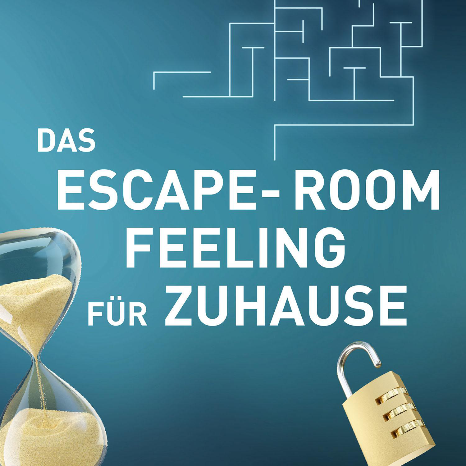 Escape-Room-Gefühl zu Hause mit Sanduhr, Schloss und Labyrinth auf blauem Hintergrund.