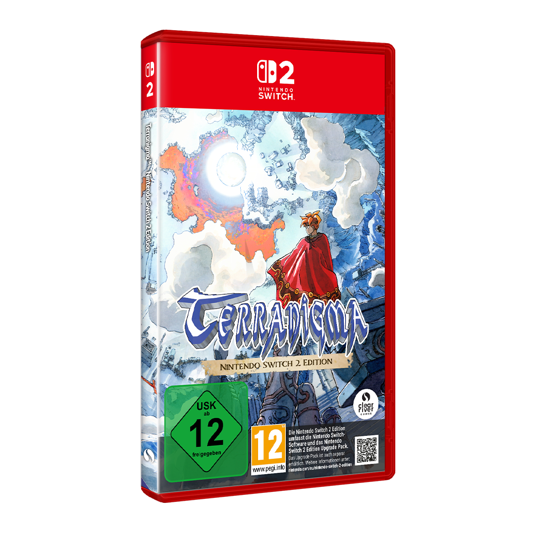 Rote Nintendo Switch 2 Spielehülle von Terranigma mit Charakter im roten Umhang und USK-12-Altersfreigabe.
