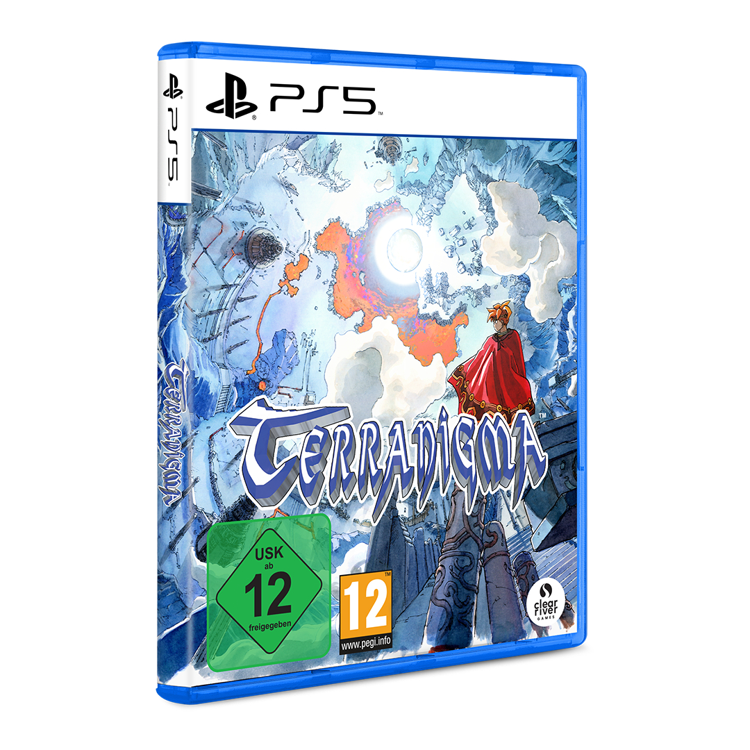 PS5-Spielhülle für Terradigma mit rotem Kapuzenumhang und blauer Fantasy-Welt.