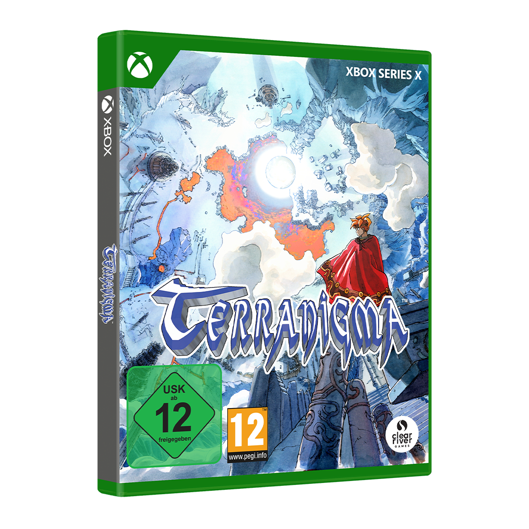 Xbox Series X Huelle von Terranigma mit rotem Mantel tragendem Charakter vor blauer Fantasywelt.