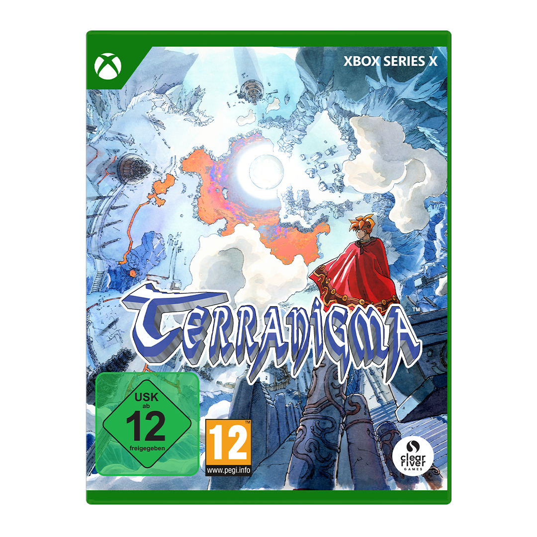 Xbox Series X Cover von Terradigma mit einem rotem Umhang tragenden Charakter vor einer Fantasy-Welt.