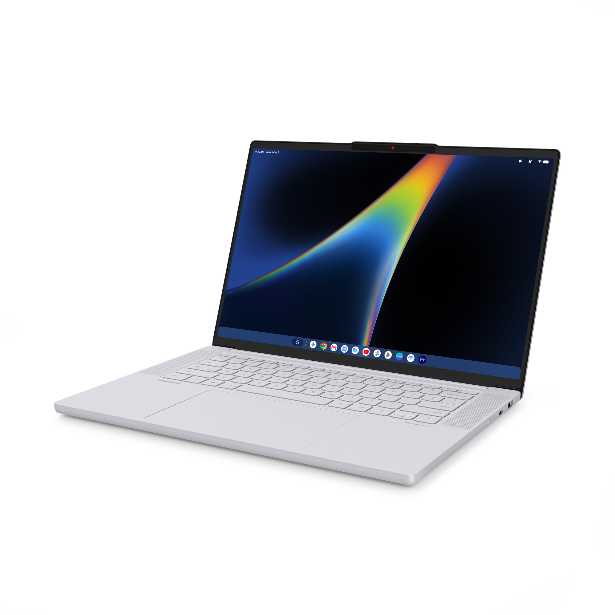 Ein silberner Laptop mit einem bunten Bildschirm und einer weißen Tastatur steht auf weißem Hintergrund.