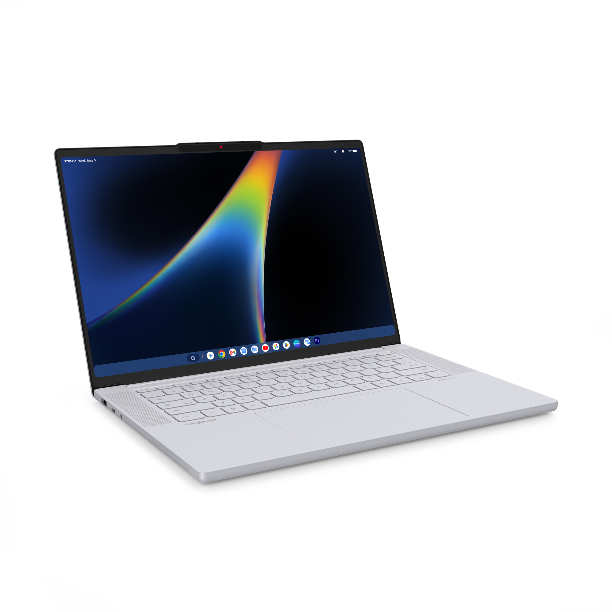 Ein silberner Laptop mit leuchtendem, buntem Hintergrundbild und weißer Tastatur steht auf weißem Grund.
