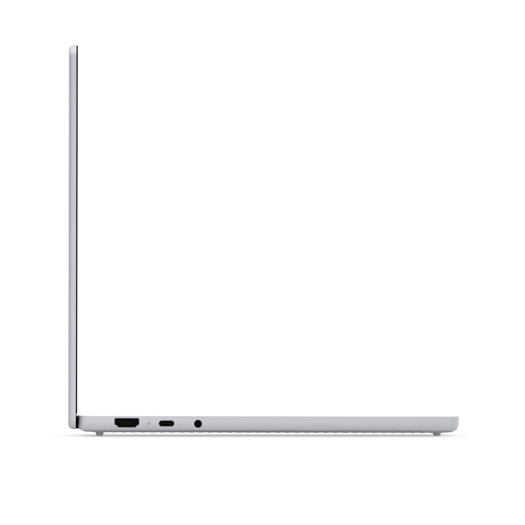 Linke Seite eines silbernen Laptops mit HDMI-, USB-C- und Audioanschlüssen.