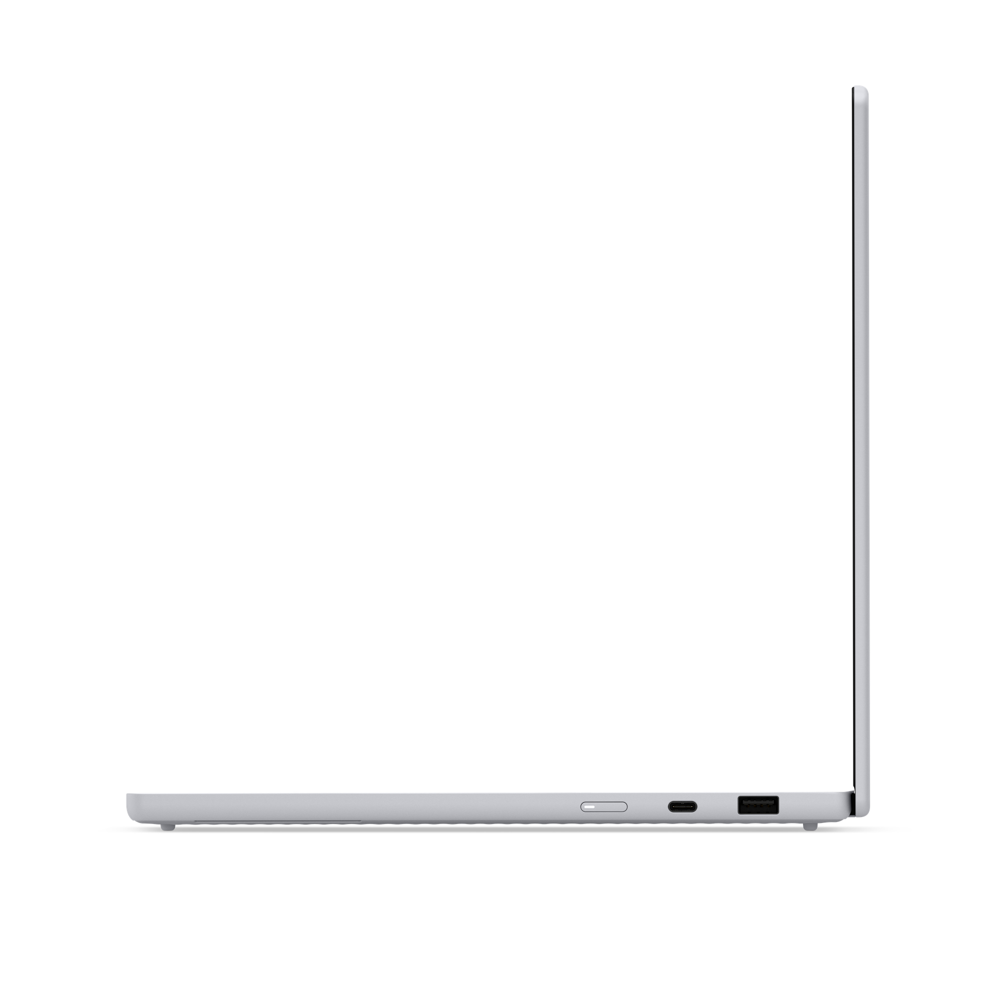 Seitenansicht eines silbernen Laptops mit einem USB-C-Anschluss, einem USB-Anschluss und einer runden Taste.