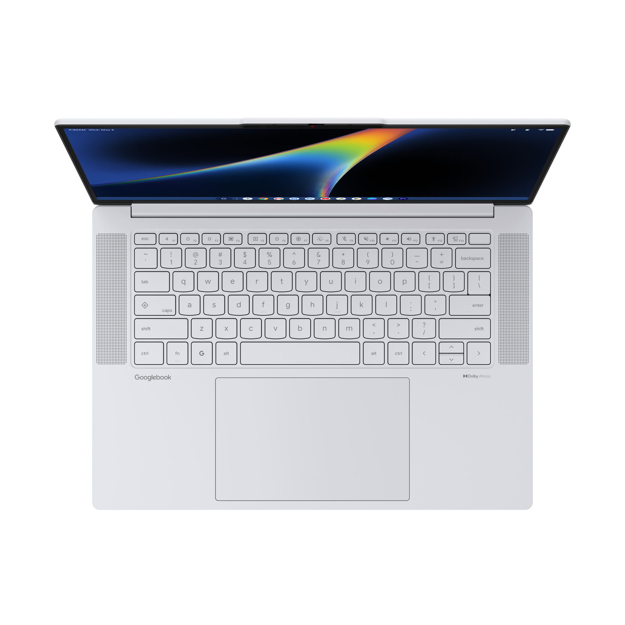 Silberner Laptop von oben mit Bildschirm und Tastatur.