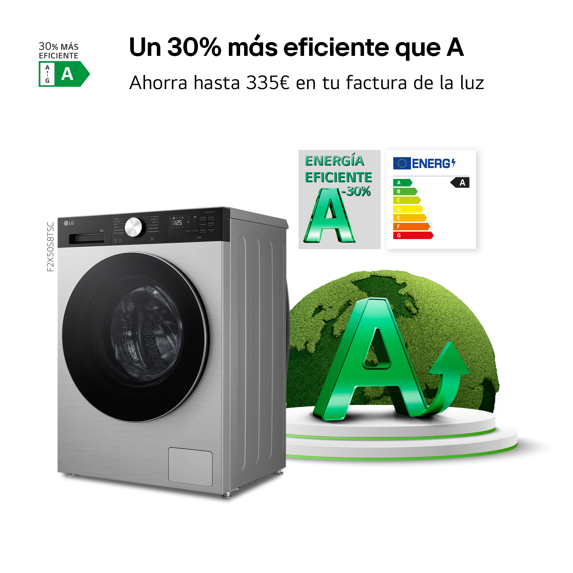 Lavadora carga frontal - LG F2X50S8TSC, 8 kg, 1200 rpm, 12 programas, Fondo reducido, Inox