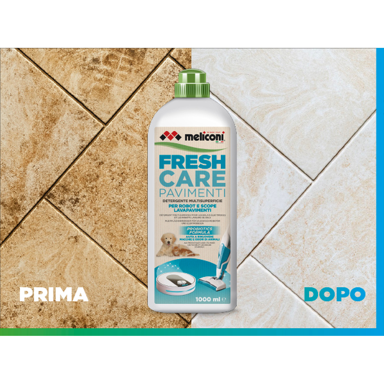 Flacone di detergente Meliconi Fresh Care su piastrelle sporche e pulite.