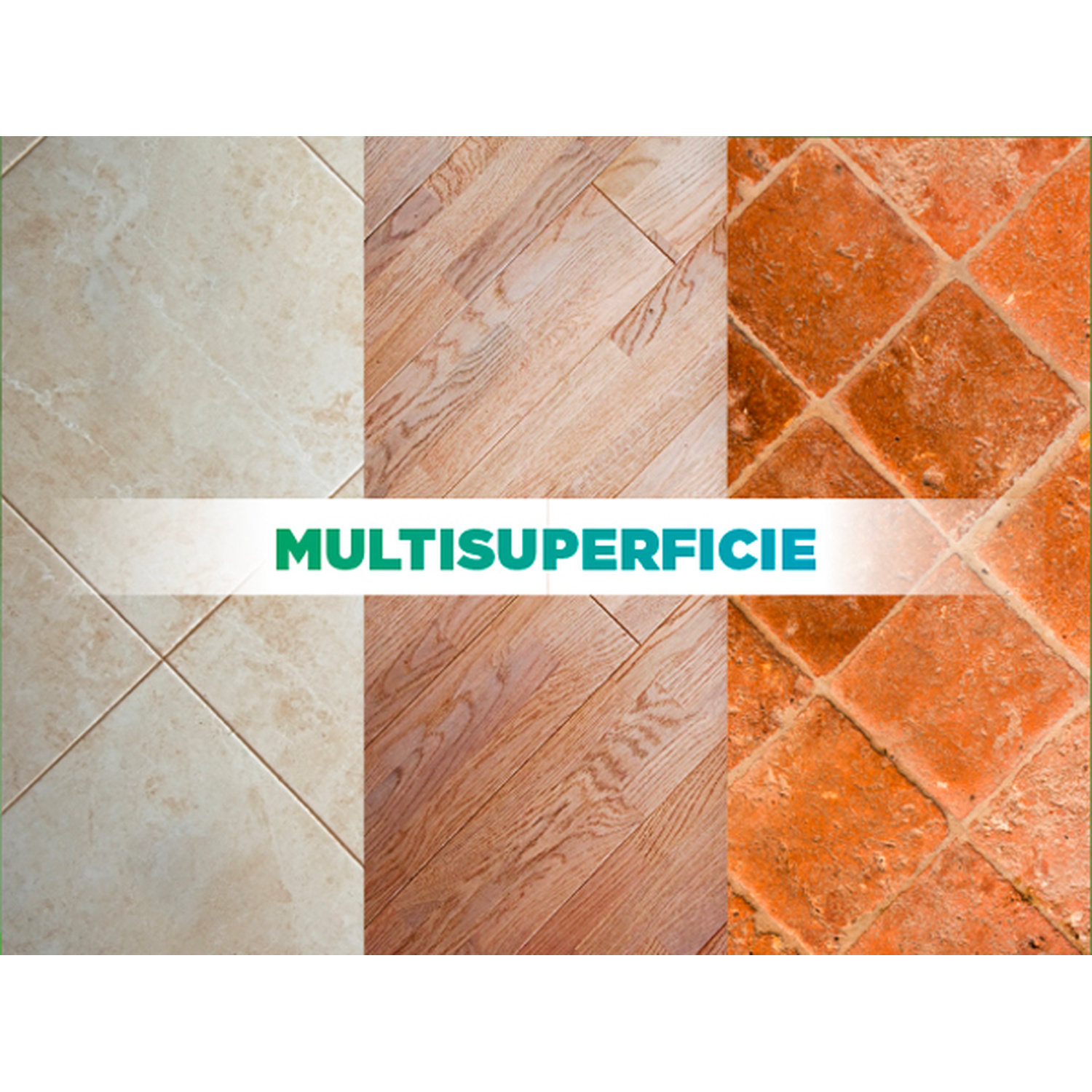 Tre diversi tipi di superfici: piastrelle chiare, listelli di legno e piastrelle di terracotta rossa, con il testo MULTISUPERFICIE.