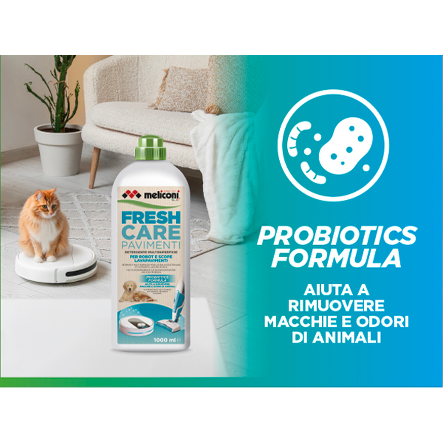 Flacone Meliconi Fresh Care con salotto, gatto su robot aspirapolvere e testo probiotici.