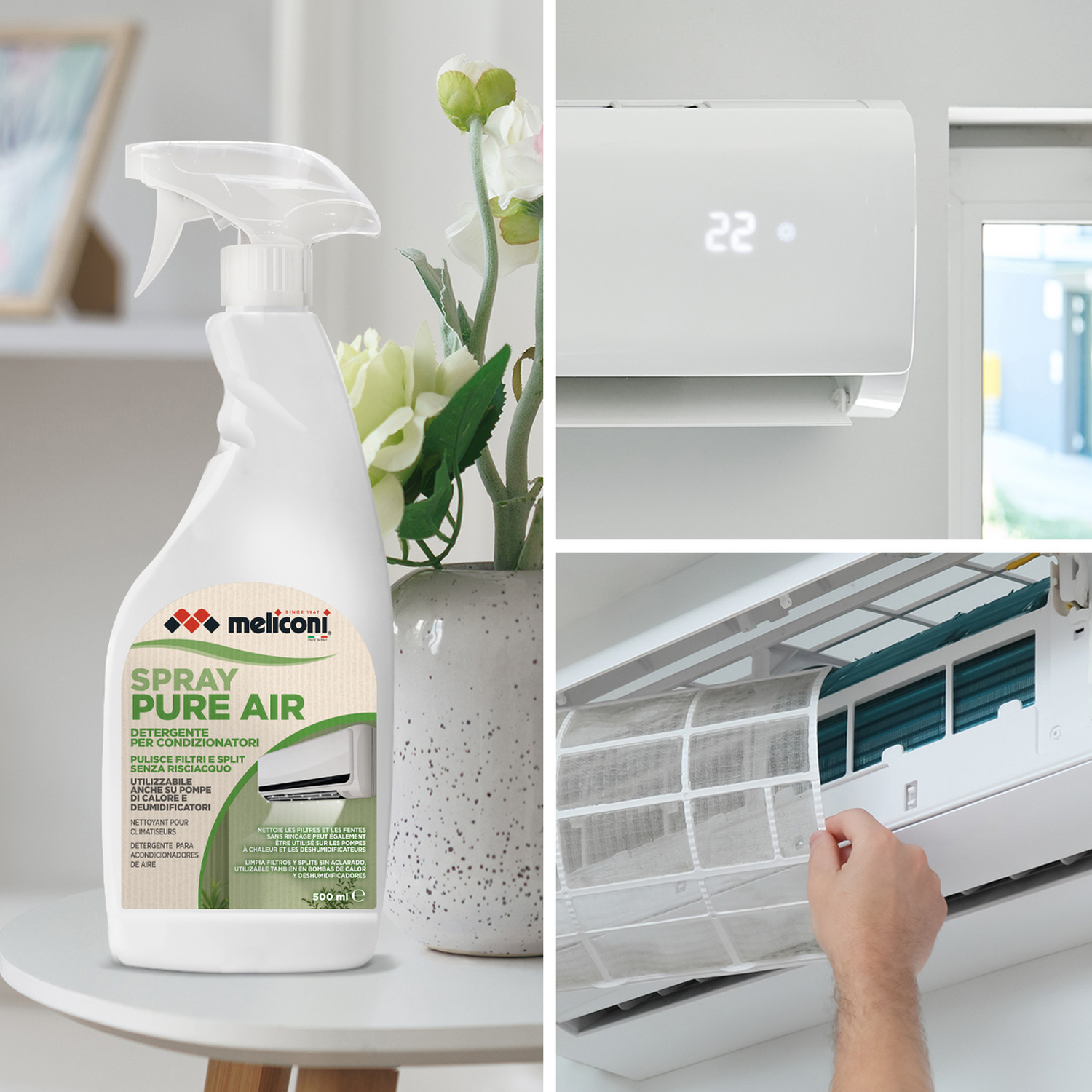 Uno spray detergente per climatizzatori Meliconi accanto a fiori e una persona che pulisce un filtro.
