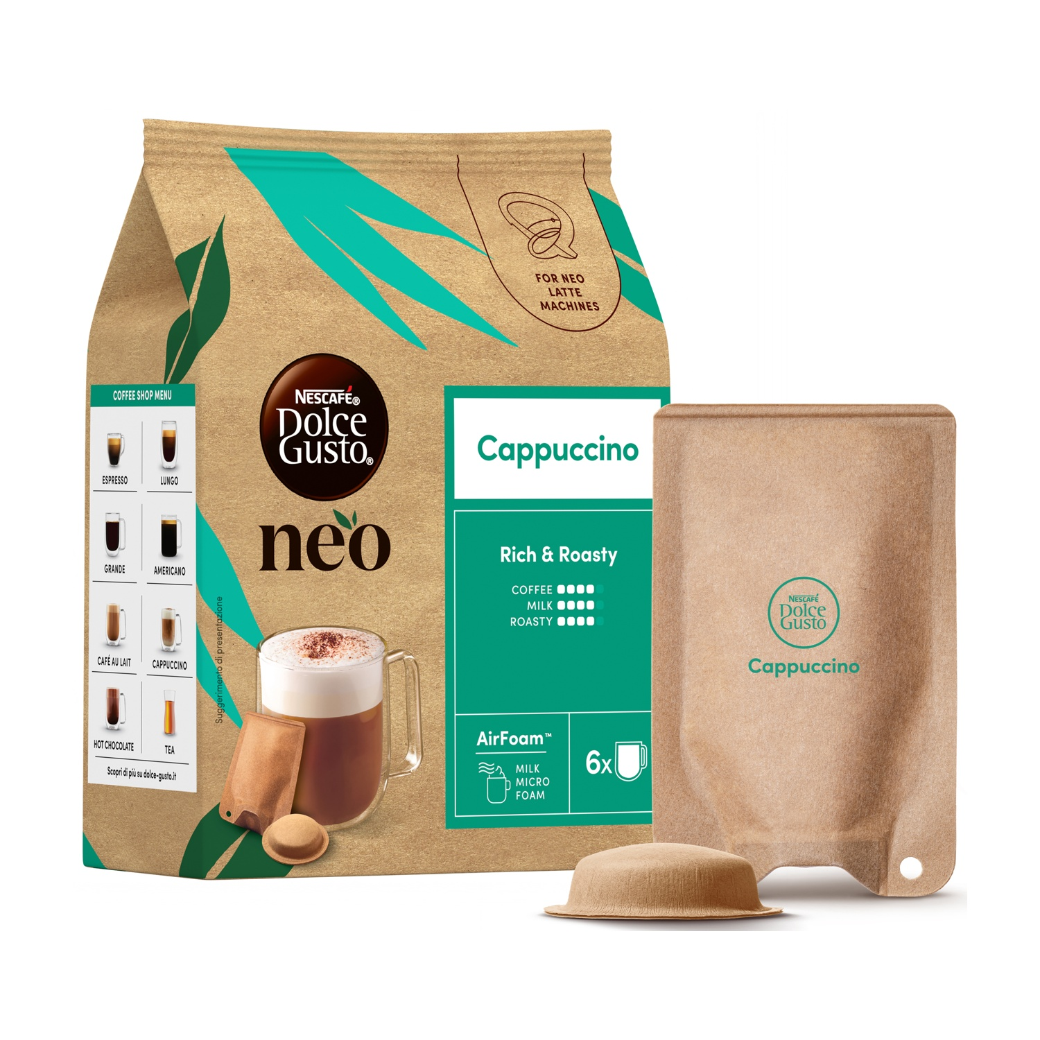 Confezione Nescafe Dolce Gusto Neo Cappuccino con tazza di caffè e cialde su sfondo bianco.