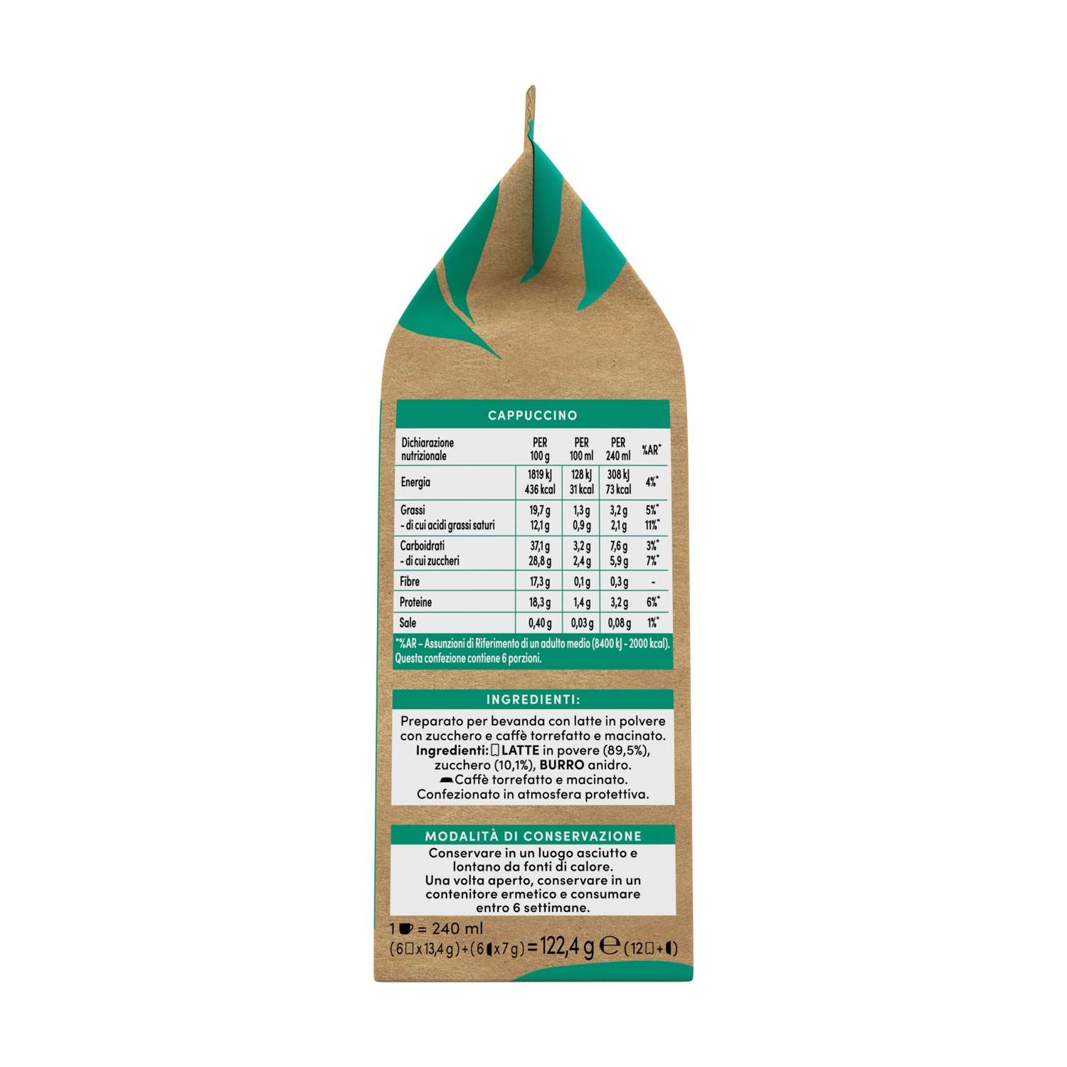 Vista laterale di una confezione di caffè marrone con dettagli verdi, tabella nutrizionale e ingredienti in italiano.