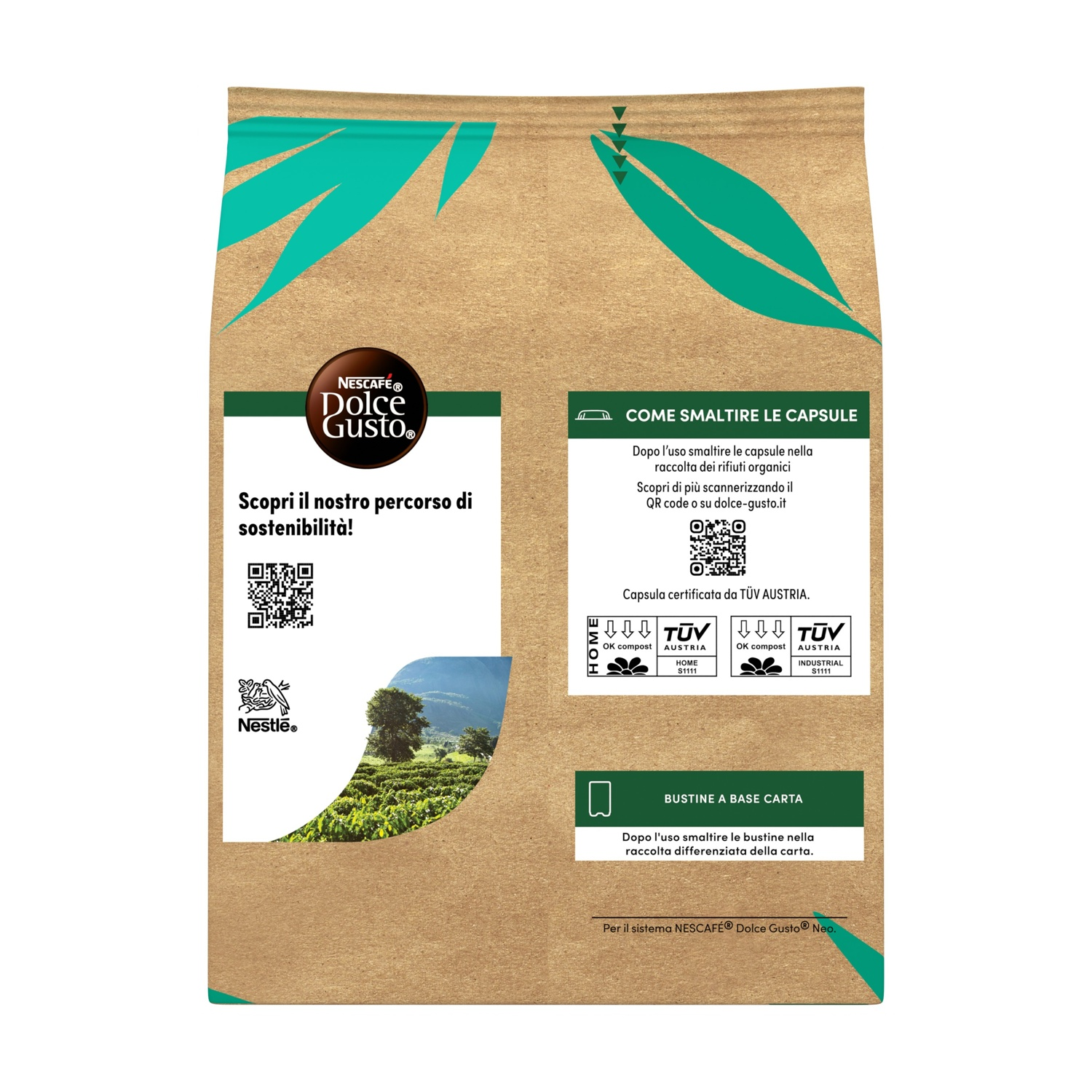 Busta di carta marrone con foglie verdi, logo Nescafe Dolce Gusto, testo in italiano, codici QR e info di smaltimento.