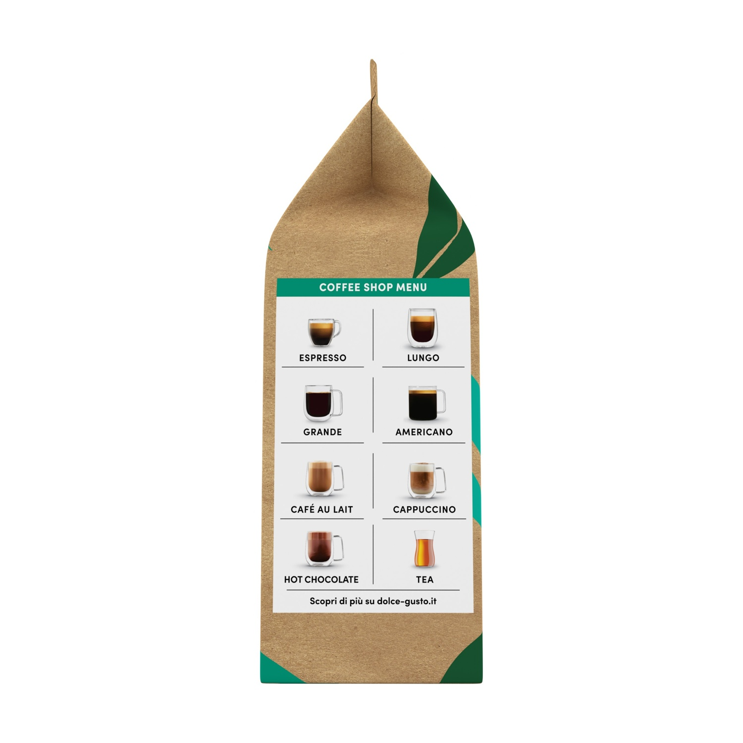 Un sacchetto di caffè in carta marrone con un menu verde che mostra bevande come espresso, americano e tè.