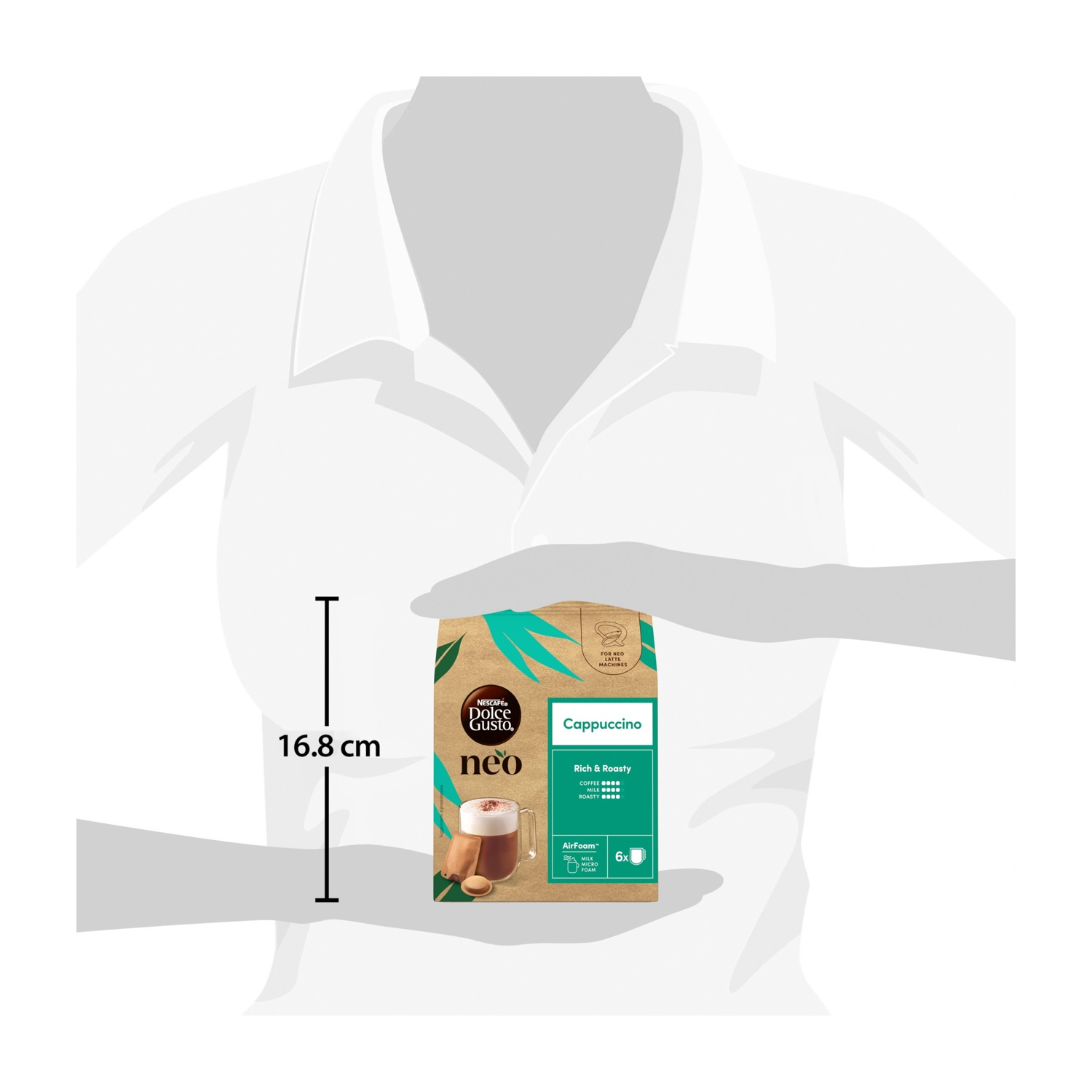 Una silhouette grigia sostiene una confezione di caffè Nescafé Dolce Gusto Neo Cappuccino alta 16,8 cm.
