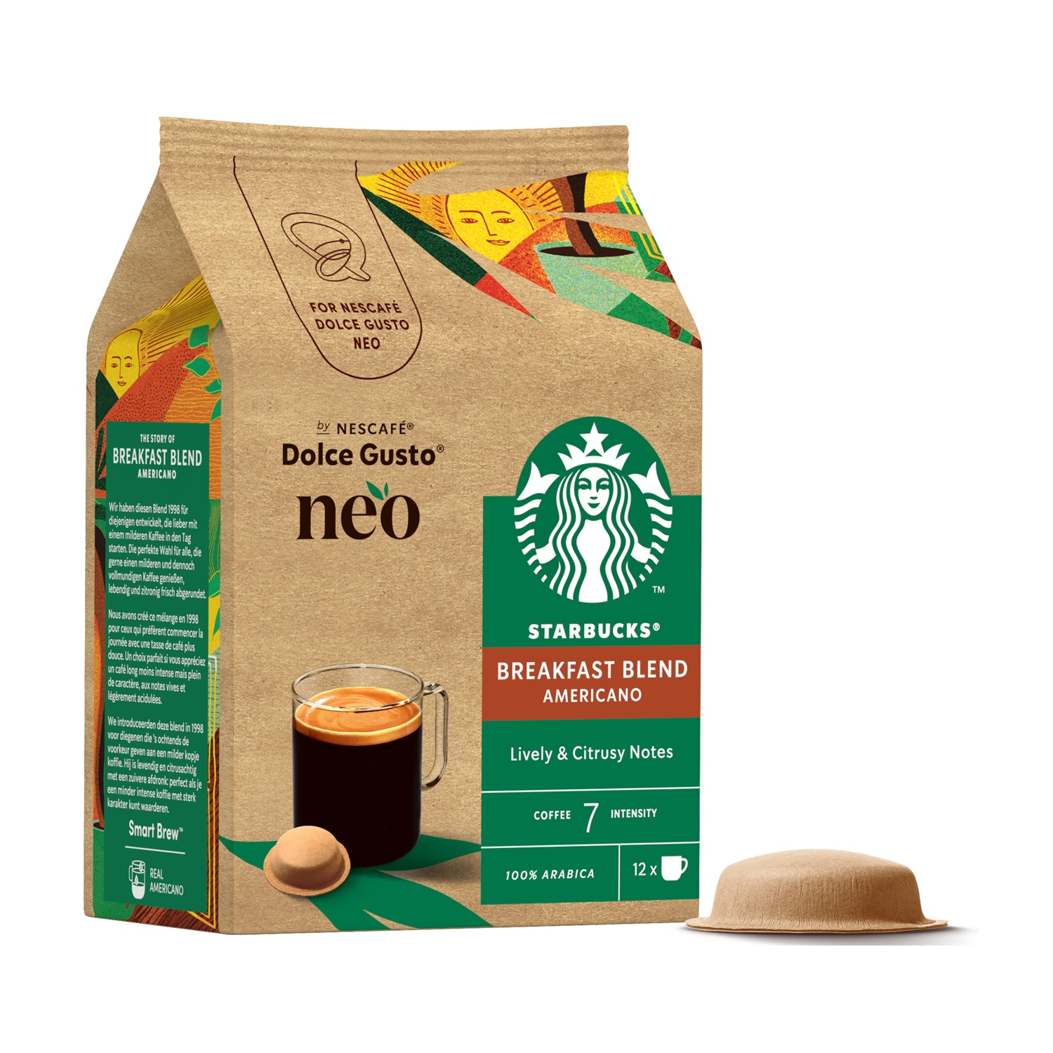 Una busta di carta di cialde di caffè Starbucks per Dolce Gusto, con una tazza di caffè e una cialda.