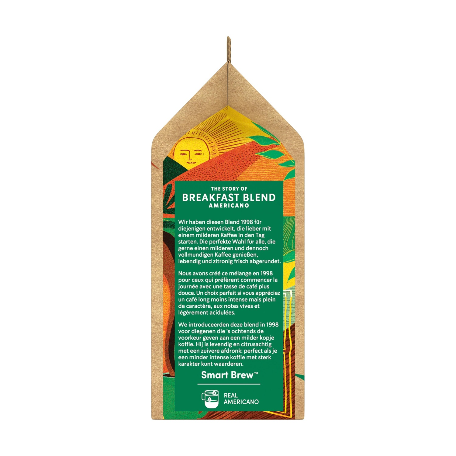 Sacchetto di caffè con illustrazione colorata, sole giallo, pannello verde.