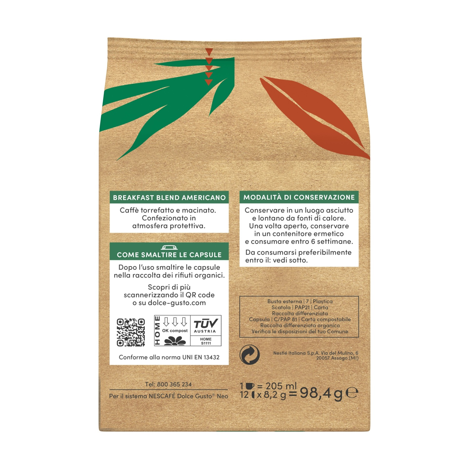 Confezione di caffè in carta kraft con grafica verde e rossa, testo in italiano, codice QR e simboli di riciclo.