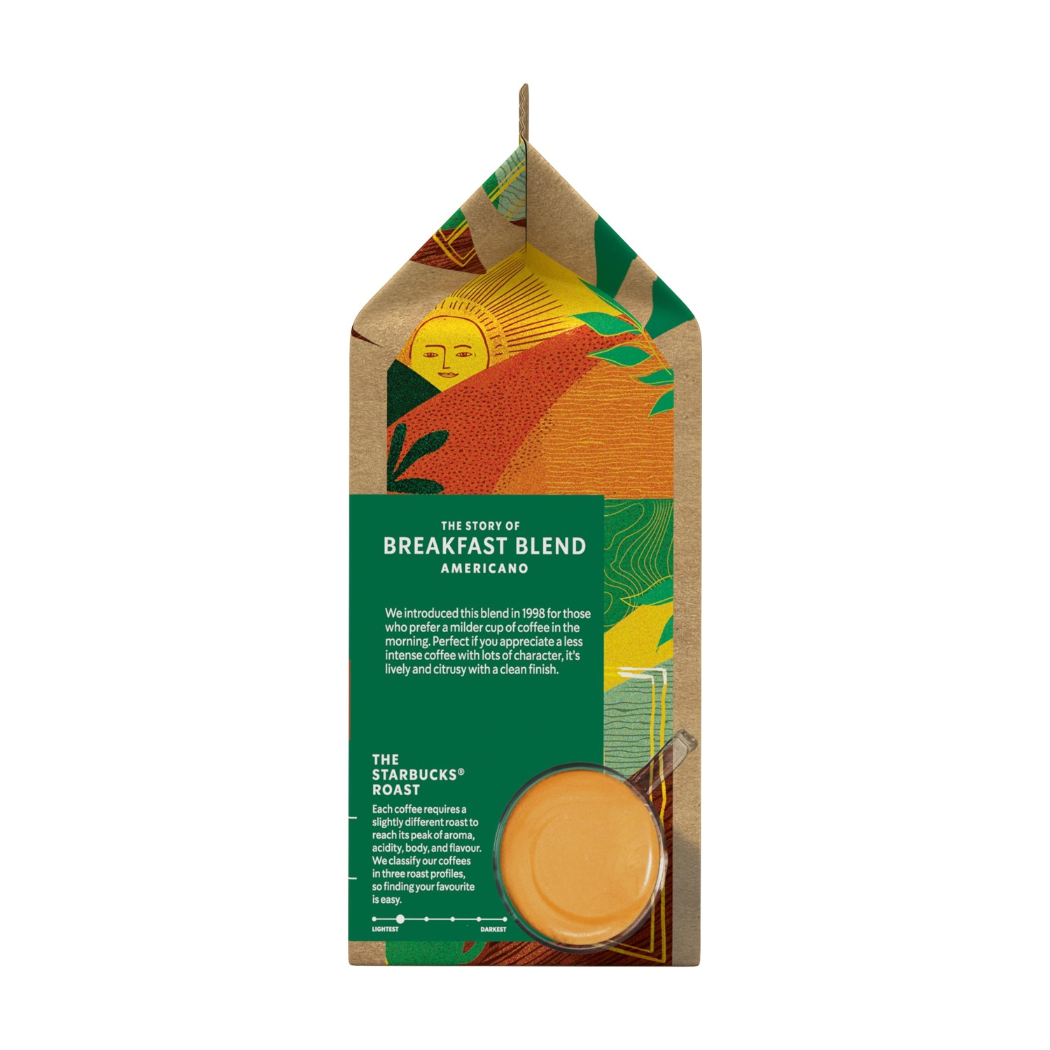 Un sacchetto di caffè marrone con etichetta verde, testo e colorata illustrazione stilizzata di sole e natura.