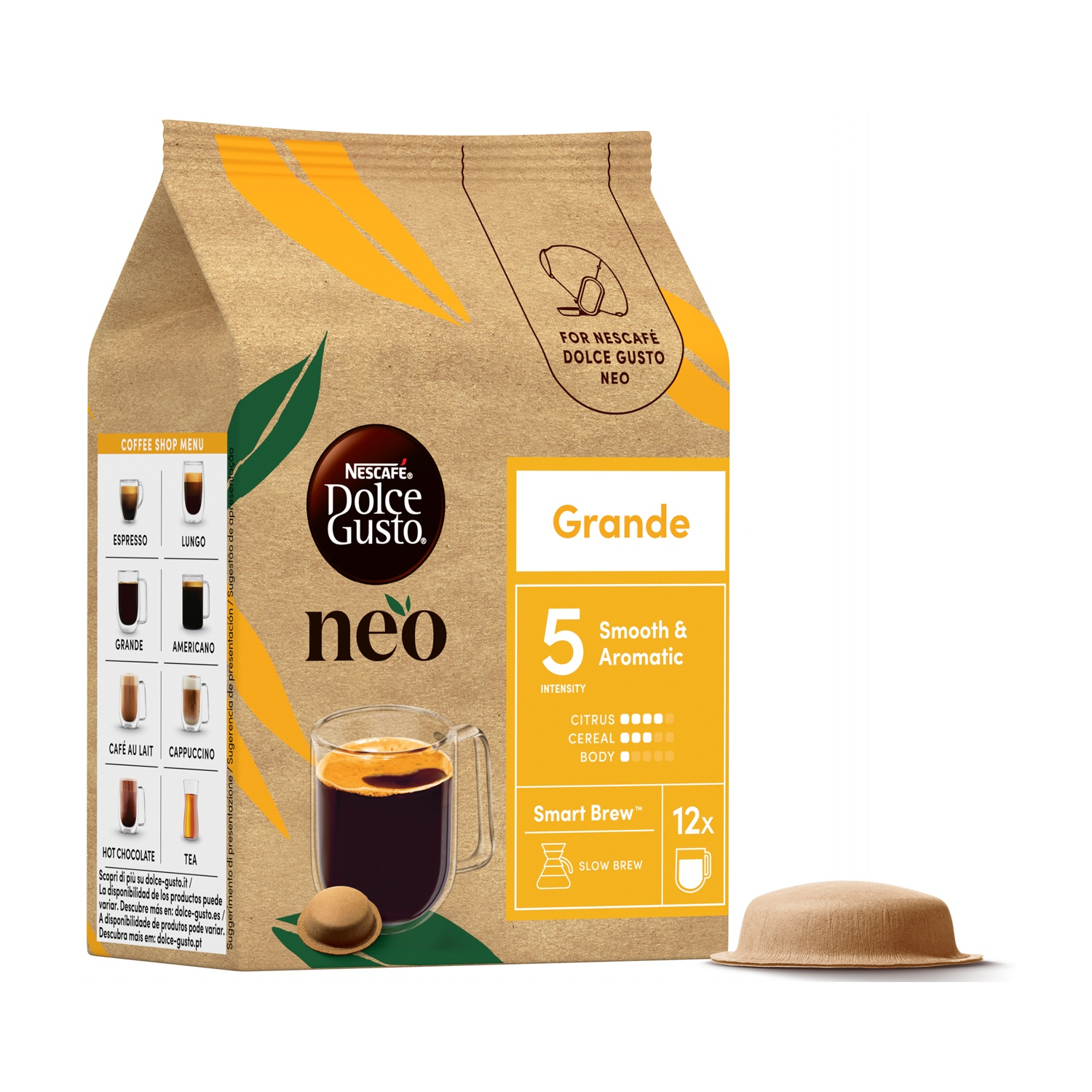 Confezione di caffè marrone Nescafé Dolce Gusto Neo Grande con cialda su sfondo bianco.