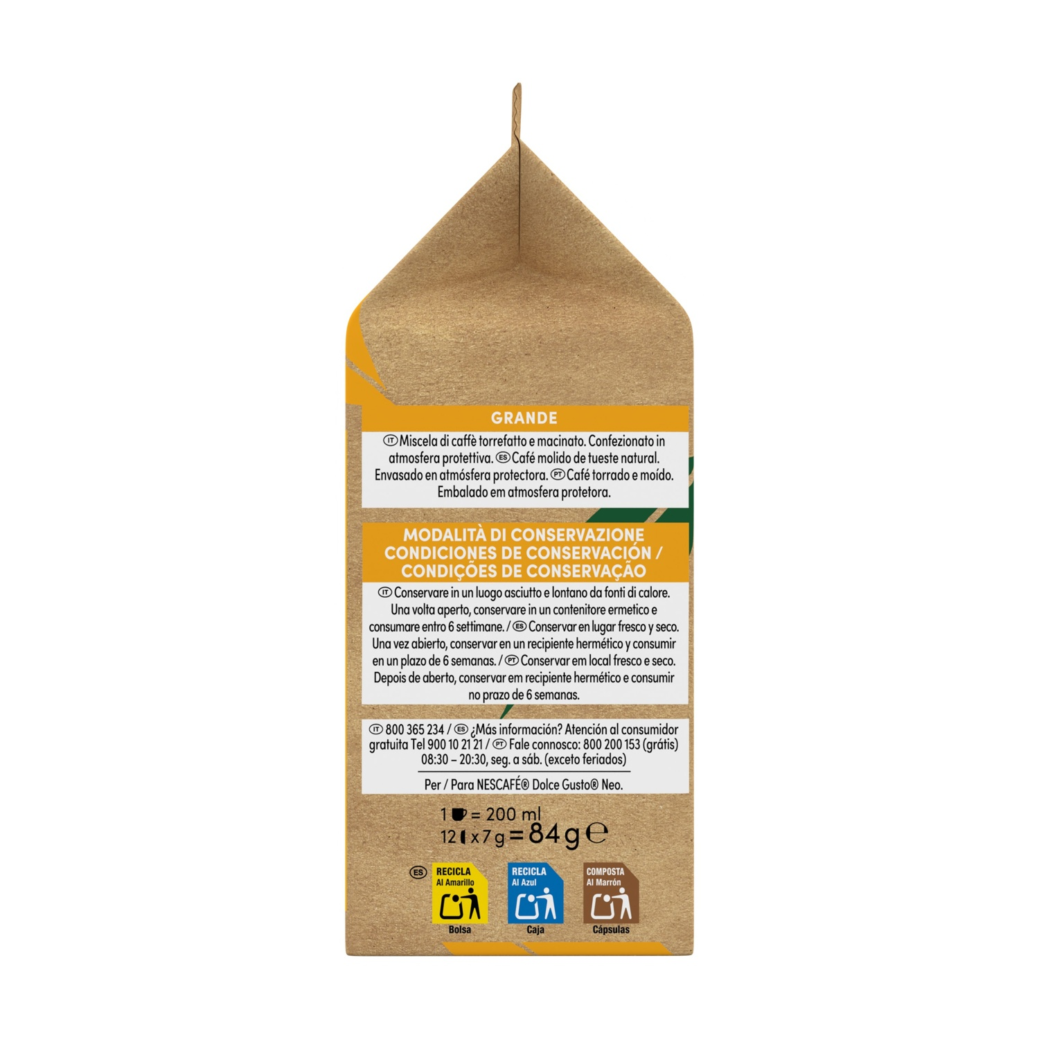 Retro di una confezione di caffè marrone con testo e simboli di riciclaggio.