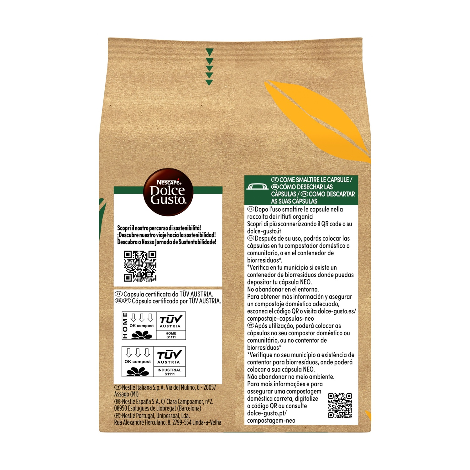 Retro di un sacchetto di caffè marrone con testo, loghi, codici QR e simboli di certificazione.