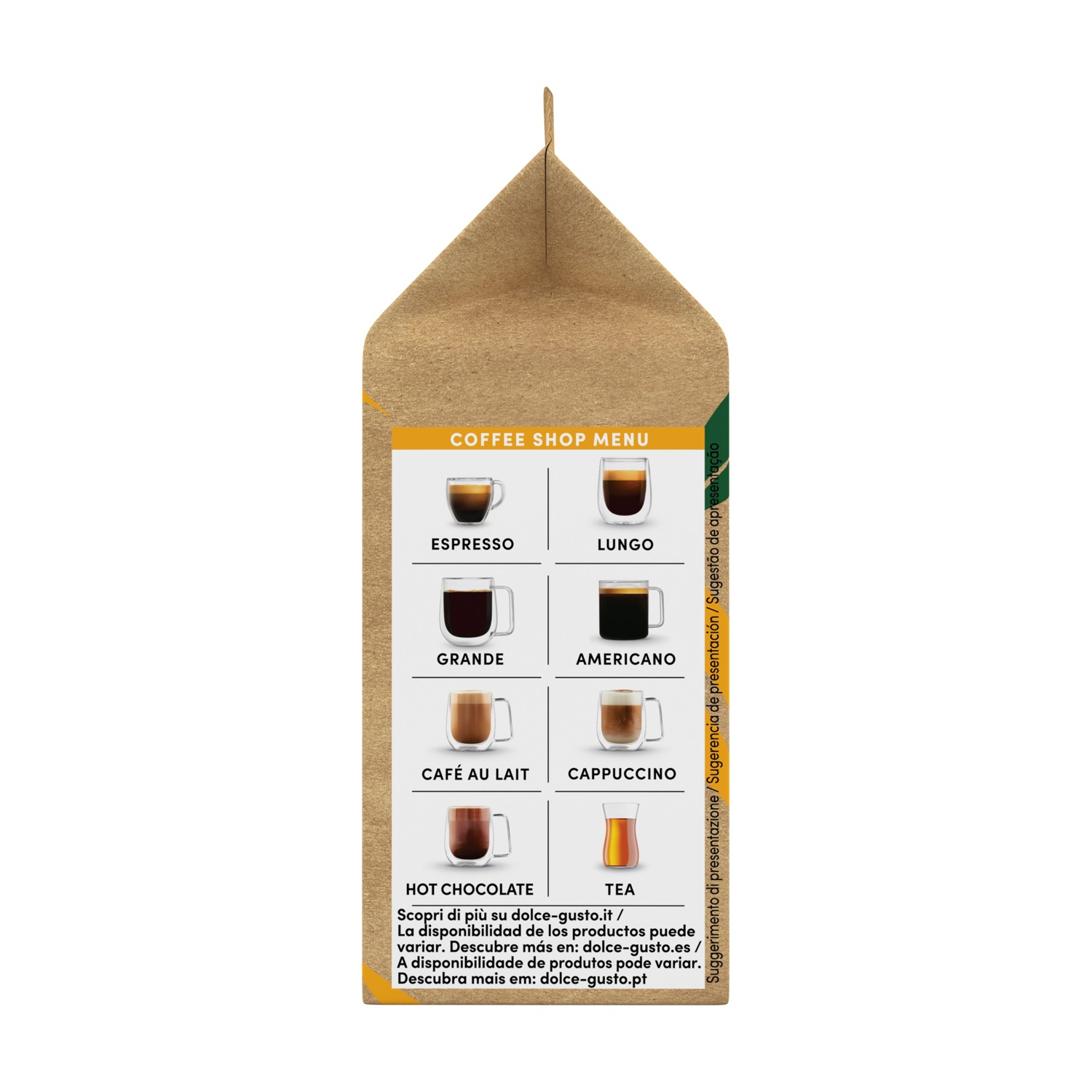 Confezione di caffè marrone con un menu di varie bevande come espresso, lungo e cappuccino.