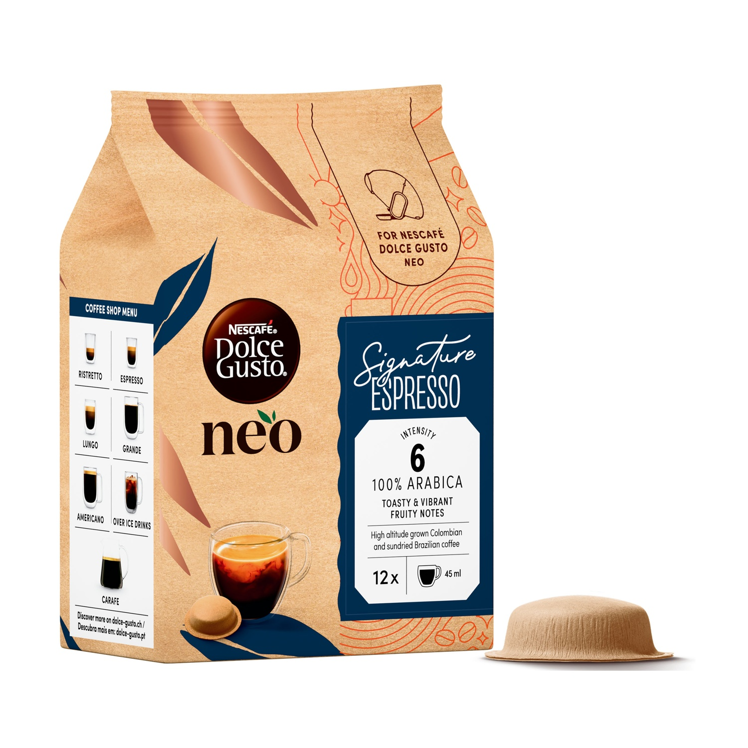 Un pacchetto di caffè marrone Nescafe Dolce Gusto Neo Signature Espresso con cialda.