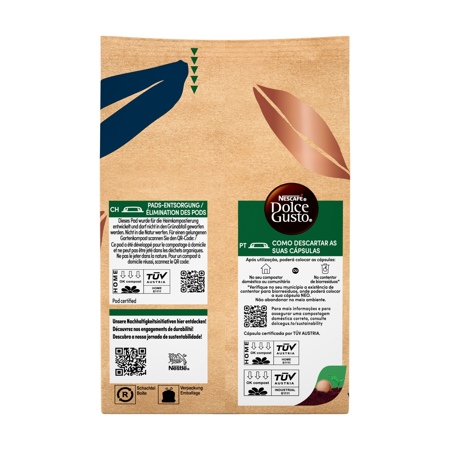 Retro di una confezione NESCAFÉ Dolce Gusto con istruzioni per il compostaggio e codici QR su carta marrone.