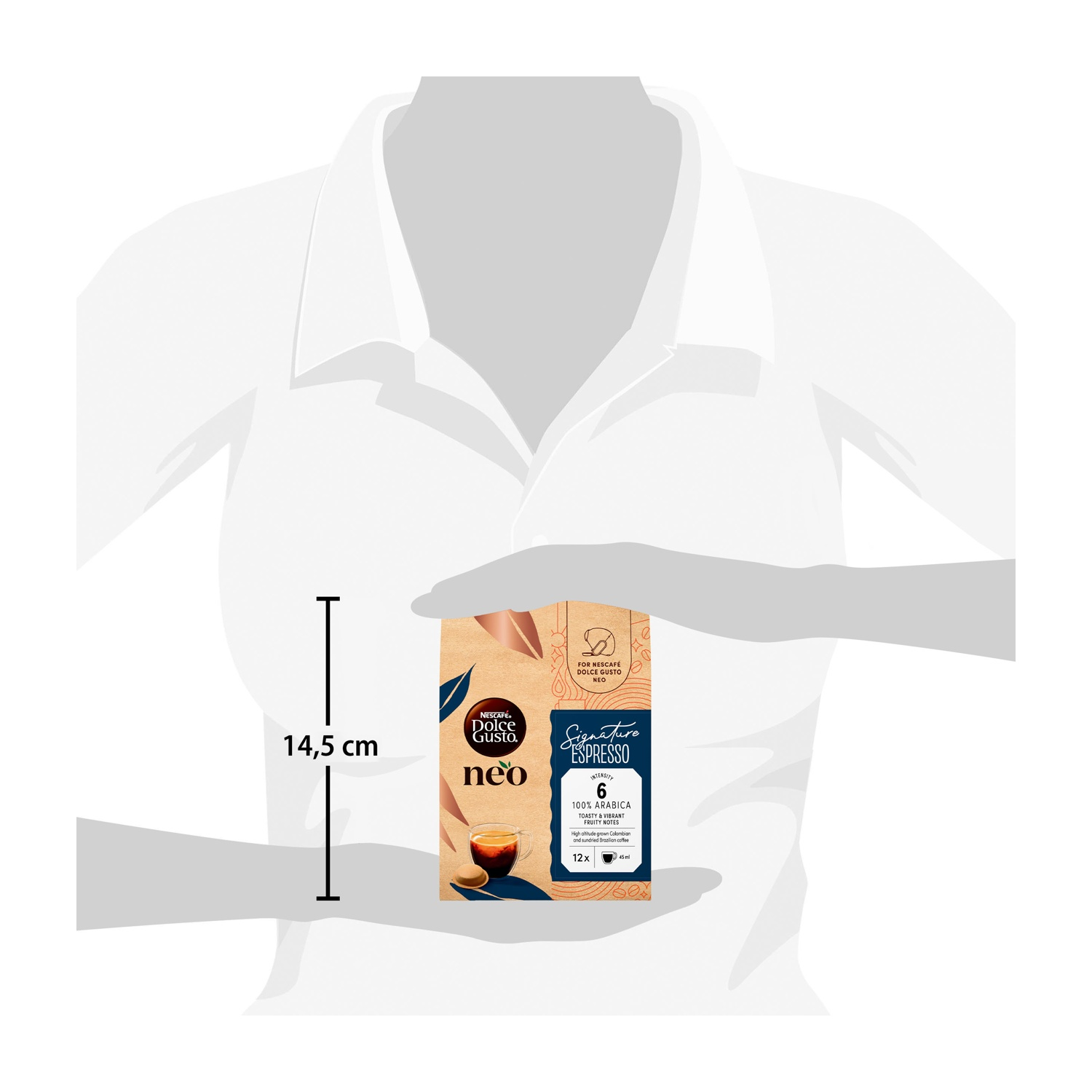Una persona grigia tiene in mano una confezione di caffè Nescafe Dolce Gusto neo Signature Espresso da 14,5 cm.