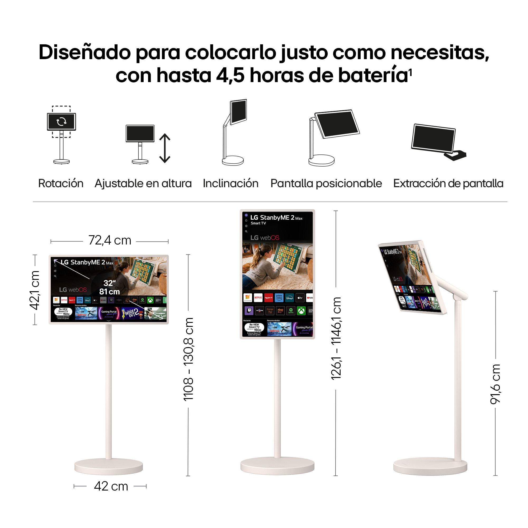 TV LED 32" - LG StanbyMe 2 32LX6BPGA, UHD 4K, Procesador Inteligente α8 AI Processor 4K Gen3, Smart TV, Blanco Roto