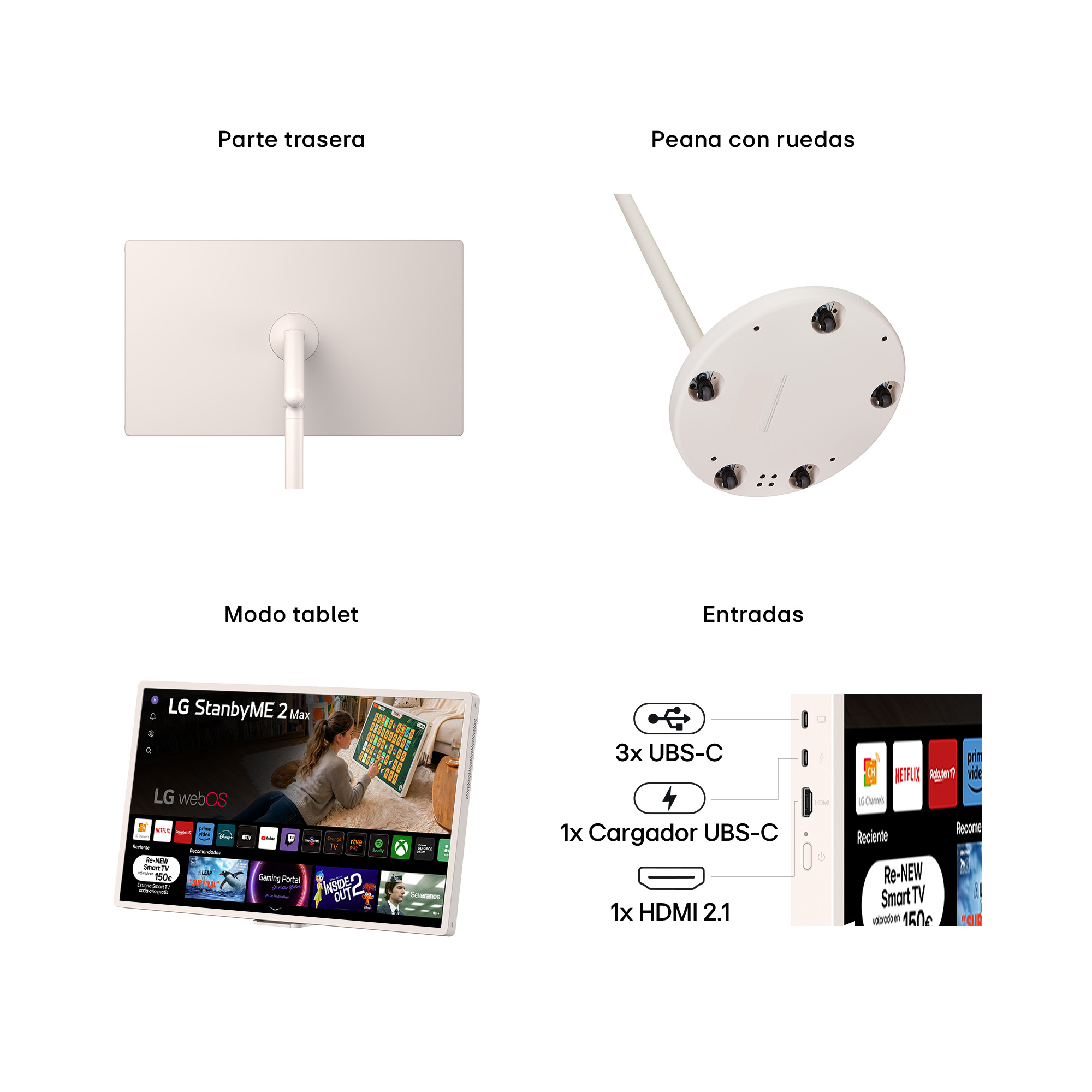 TV LED 32" - LG StanbyMe 2 32LX6BPGA, UHD 4K, Procesador Inteligente α8 AI Processor 4K Gen3, Smart TV, Blanco Roto