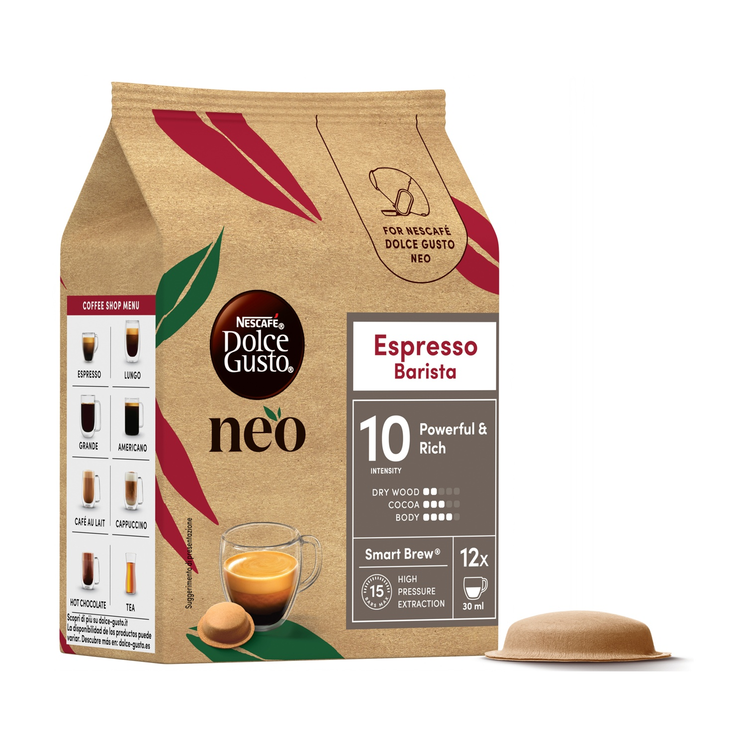 Sacchetto di caffè marrone Dolce Gusto Neo per Espresso Barista con cialde e tazza.