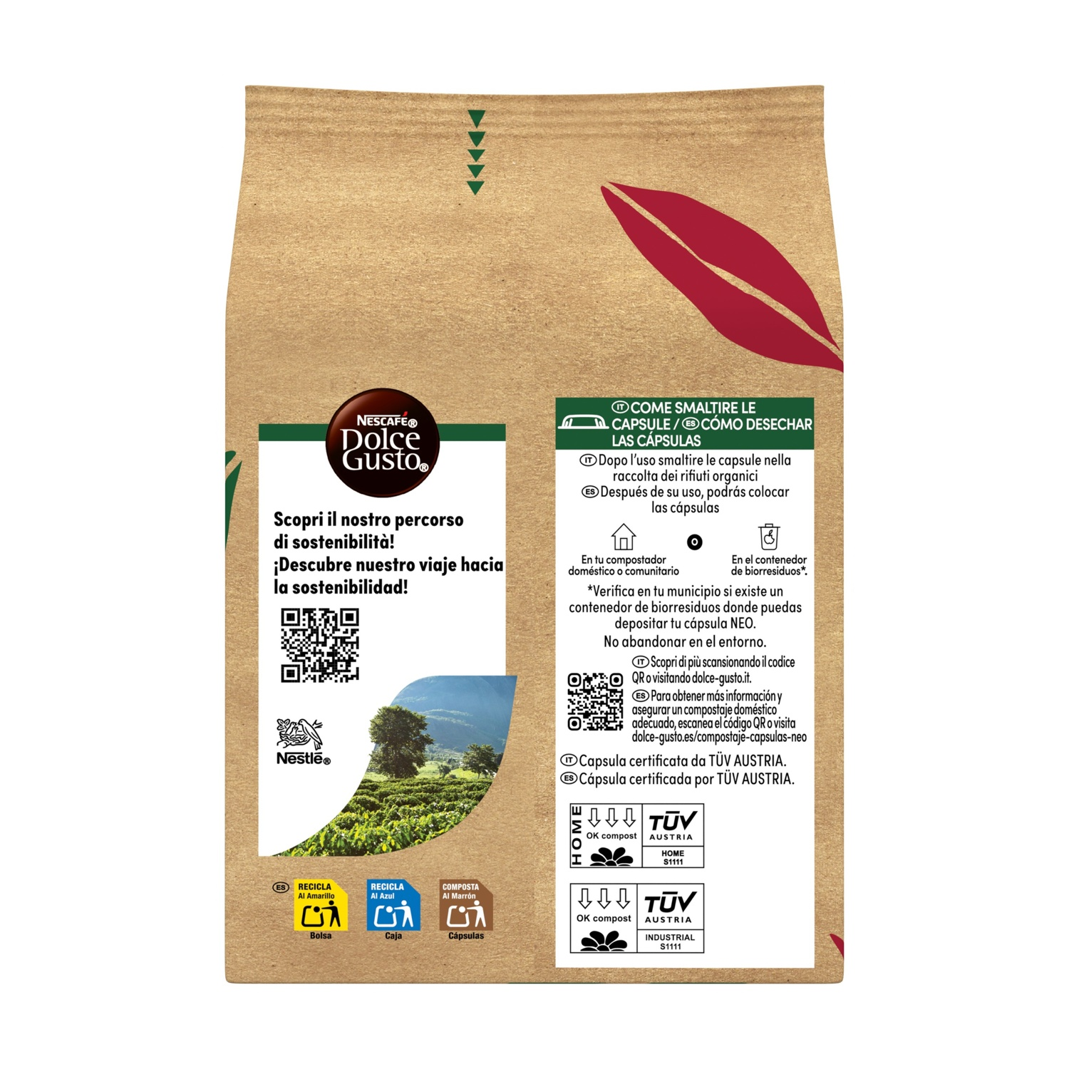Sacchetto in carta kraft con logo Dolce Gusto, testo di sostenibilità, codici QR e istruzioni per lo smaltimento.