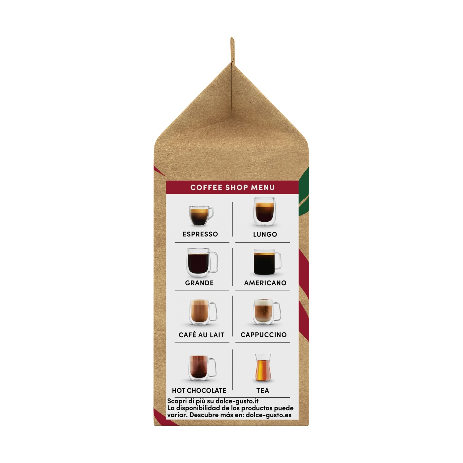 Un sacchetto di caffè marrone con un menu che mostra varie bevande come espresso, lungo e cappuccino.