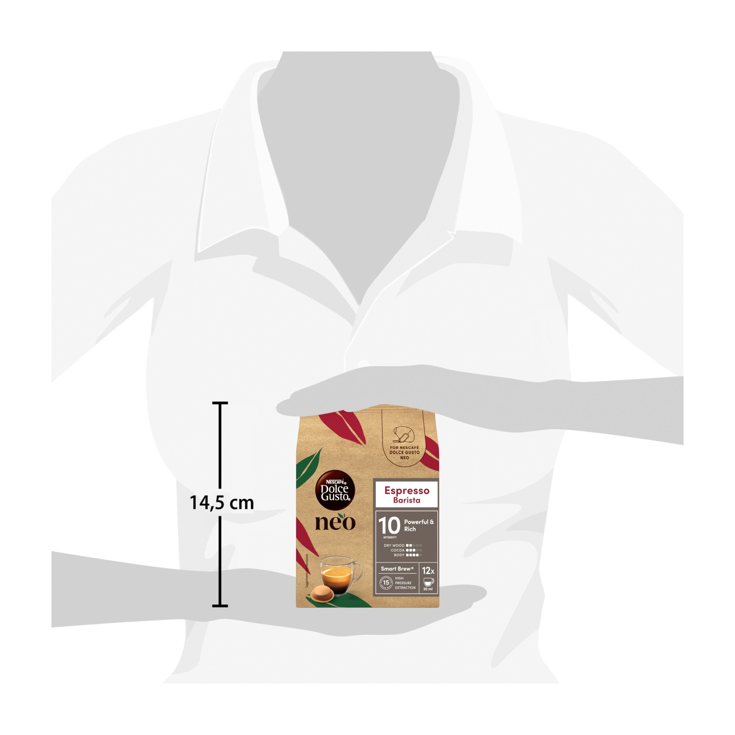 Una persona che tiene una confezione di caffè Nescafé Dolce Gusto Neo Espresso Barista alta 14,5 cm.