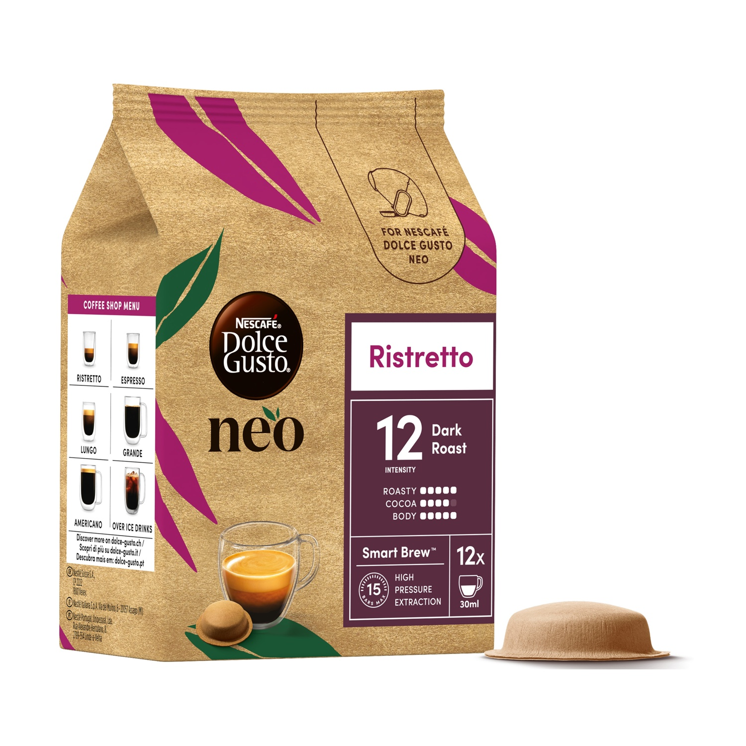 Una confezione beige di capsule di caffè Nescafe Dolce Gusto Ristretto con dettagli viola.