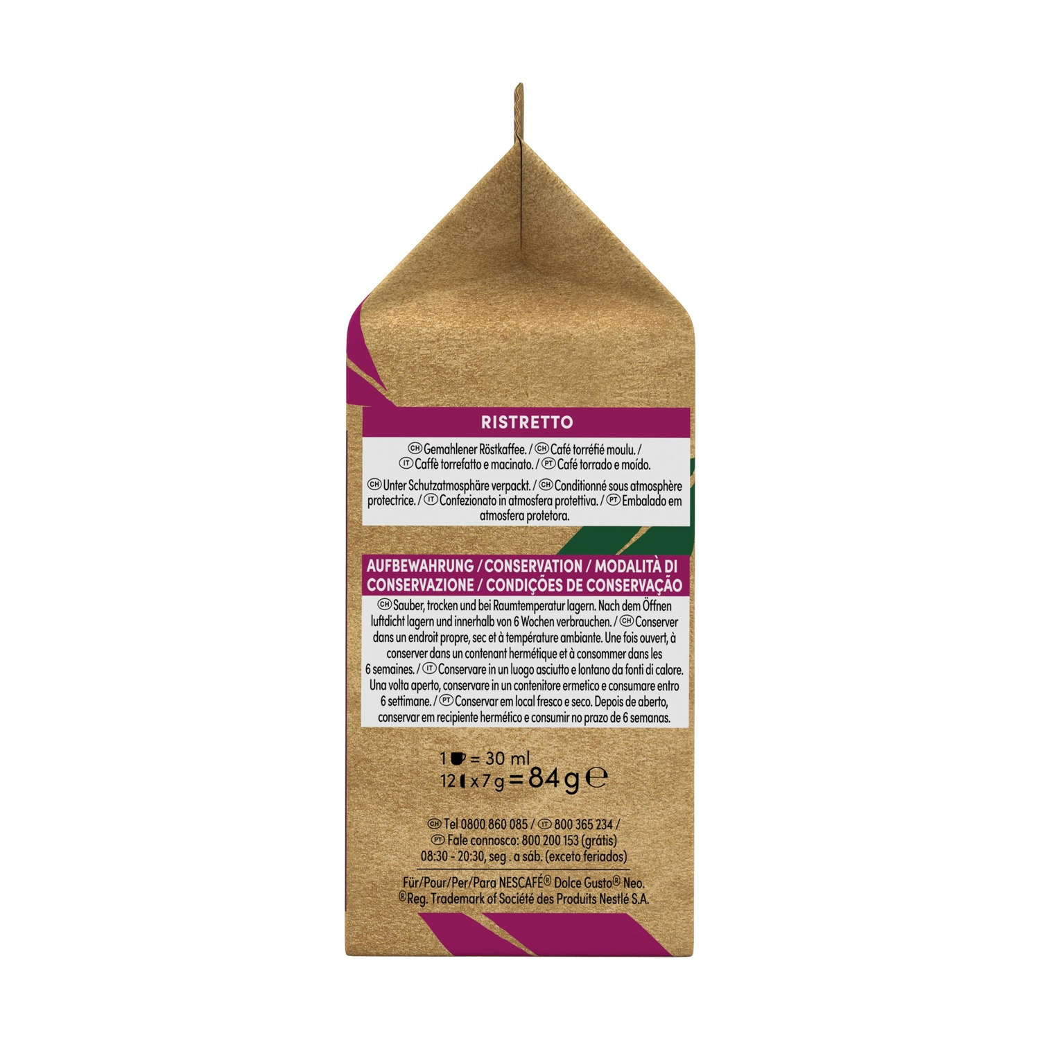 Confezione di caffè marrone con etichetta Ristretto e testo multilingue su sfondo bianco.